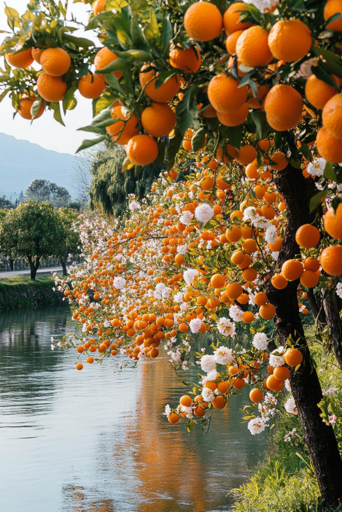 a river of tangerines, flowering trees leaning from the shore