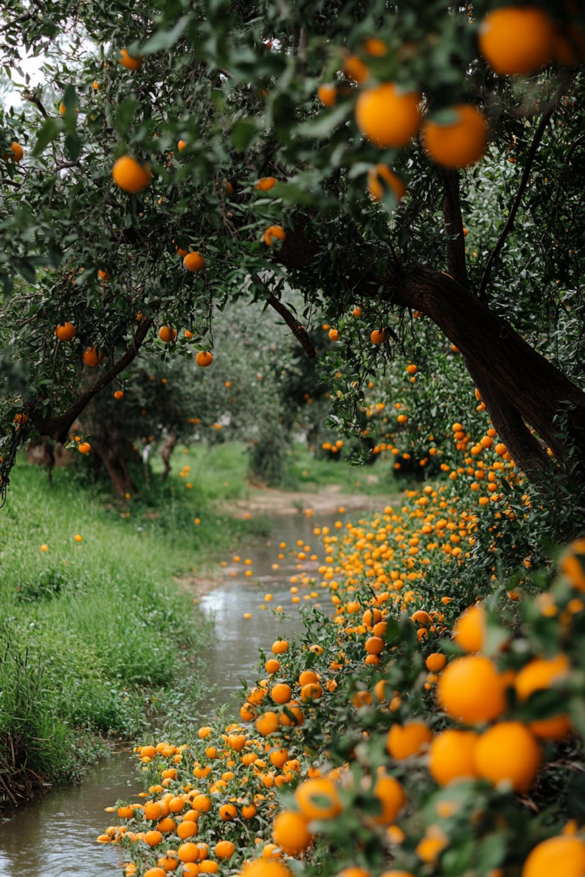 a river of tangerines, flowering trees leaning from the shore