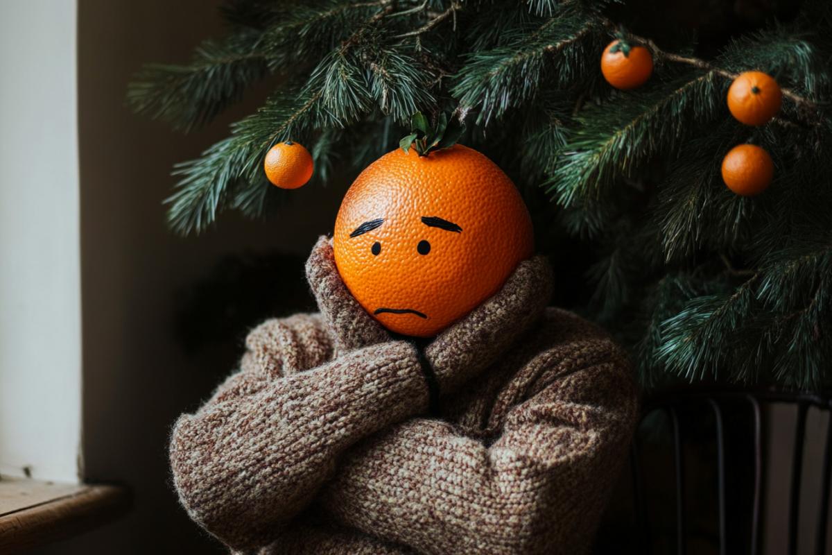 A man instead of a mandarin head sits sadly by the New Year tree