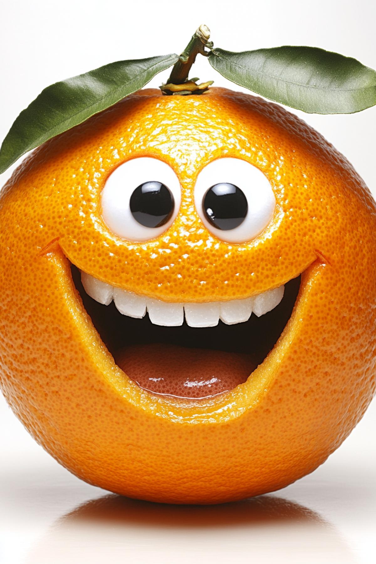 Tangerine with a leaf and a funny face