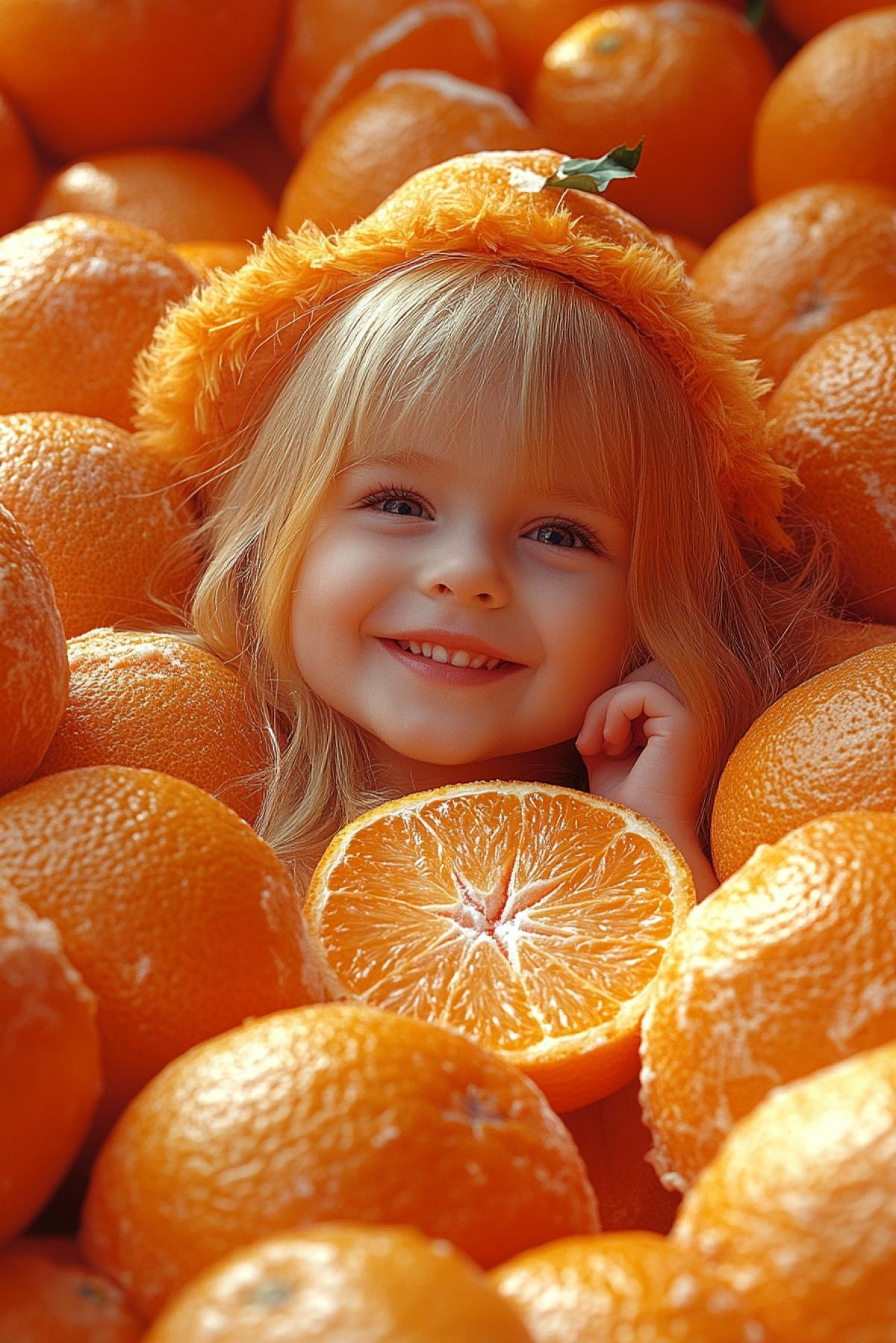a little girl in a carnival costume of a tangerine a dress with a fluffy ballroom skirt, with a corselet, all tangerine color, the same shoes and on her head a hat in the shape of half a tangerine with a leaf, in her ears earrings in the form of tangerine slices, in her hand a magic wand with a cut of a tangerine on at the end, on the face there is face art in the form of tangerine slices