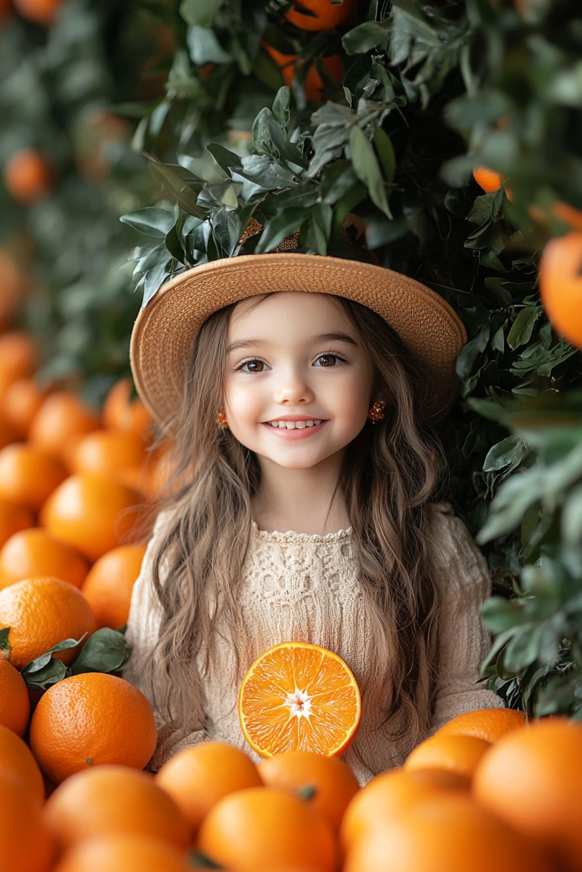 a little girl in a carnival costume of a tangerine a dress with a fluffy ballroom skirt, with a corselet, all tangerine color, the same shoes and on her head a hat in the shape of half a tangerine with a leaf, in her ears earrings in the form of tangerine slices, in her hand a magic wand with a cut of a tangerine on at the end, on the face there is face art in the form of tangerine slices