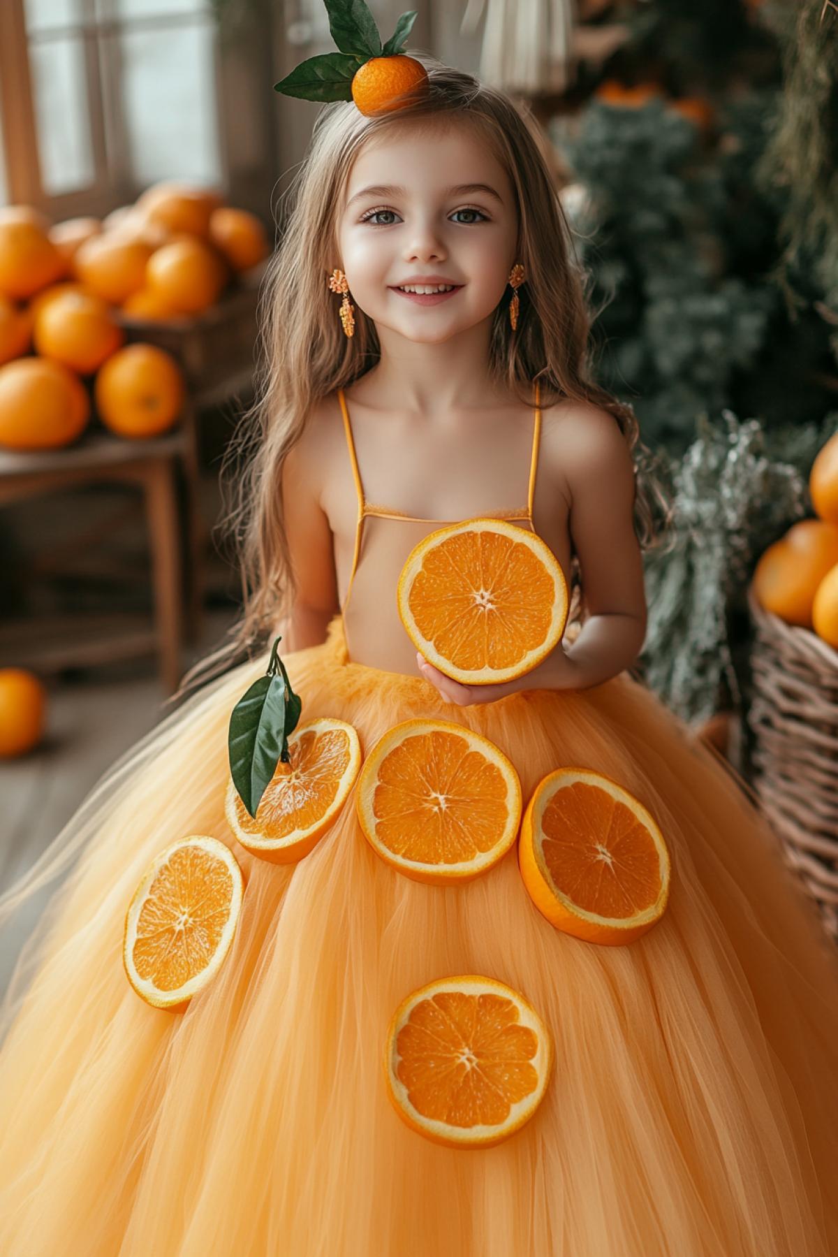 a little girl in a carnival costume of a tangerine a dress with a fluffy ballroom skirt, with a corselet, all tangerine color, the same shoes and on her head a hat in the shape of half a tangerine with a leaf, in her ears earrings in the form of tangerine slices, in her hand a magic wand with a cut of a tangerine on at the end, on the face there is face art in the form of tangerine slices