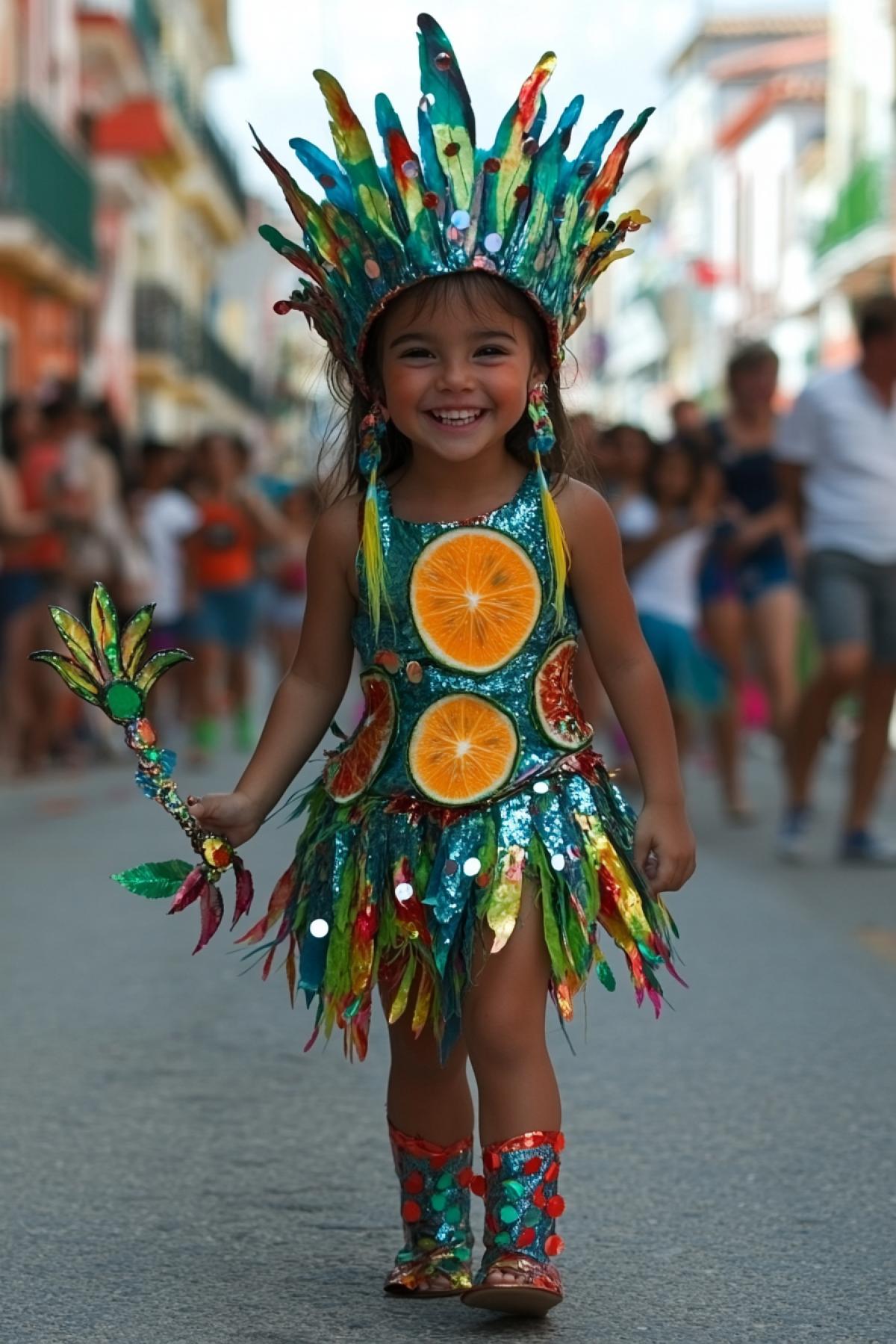 a little girl in a carnival costume of a tangerine a dress with a fluffy ballroom skirt, with a corselet, all tangerine color, the same shoes and on her head a hat in the shape of half a tangerine with a leaf, in her ears earrings in the form of tangerine slices, in her hand a magic wand with a cut of a tangerine on at the end, on the face there is face art in the form of tangerine slices