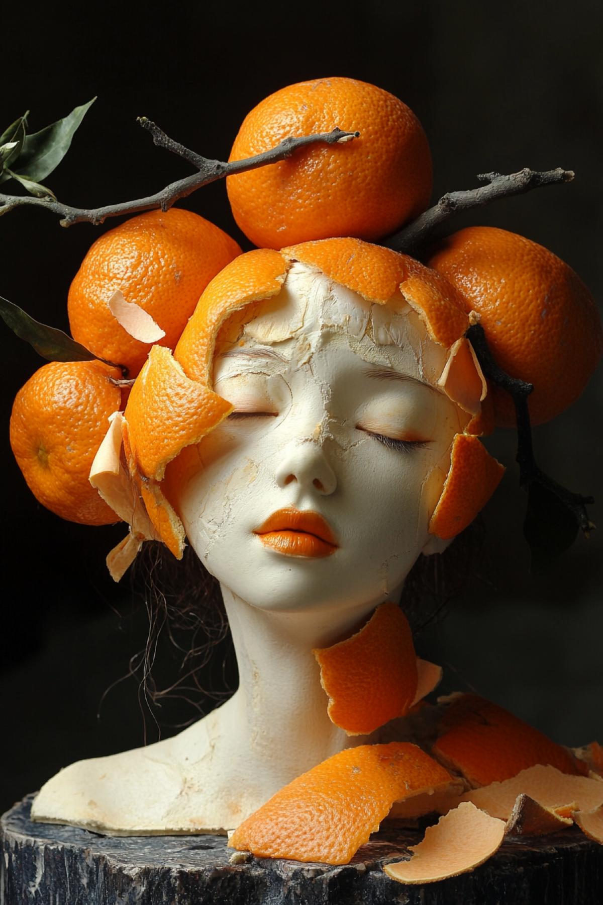 The languid humanoid mandarin girl is shedding her clothes like mandarin peels.
