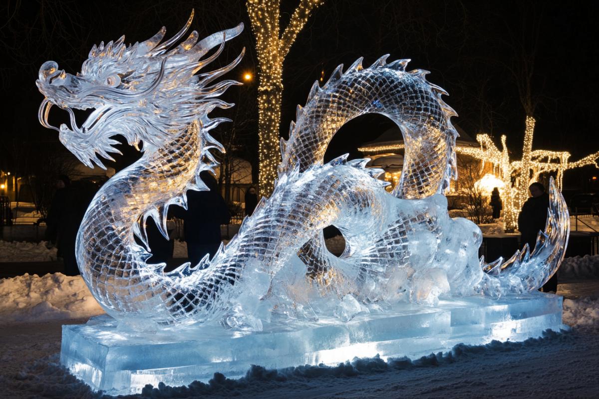 Ice sculpture of a Chinese dragon entwined with an ice snake