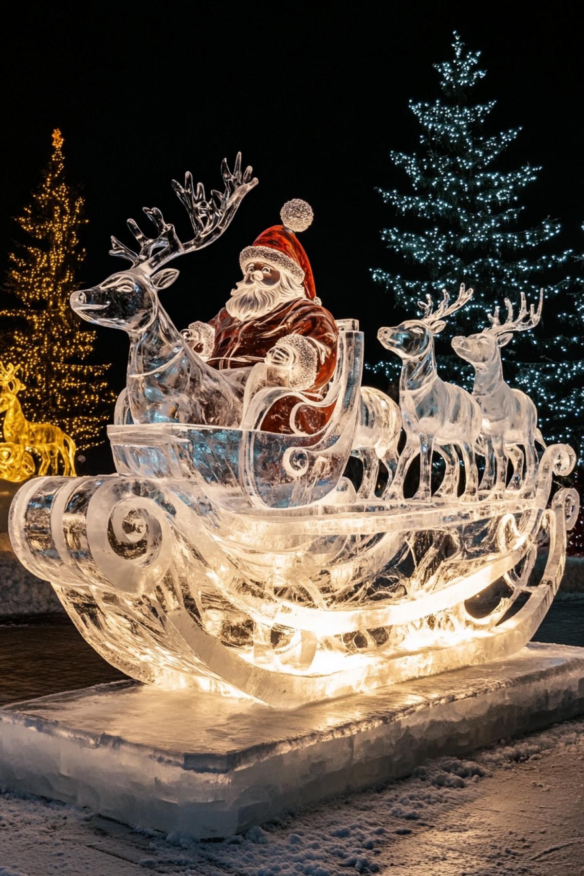Large ice sculpture of Santa Claus in a sleigh with reindeer