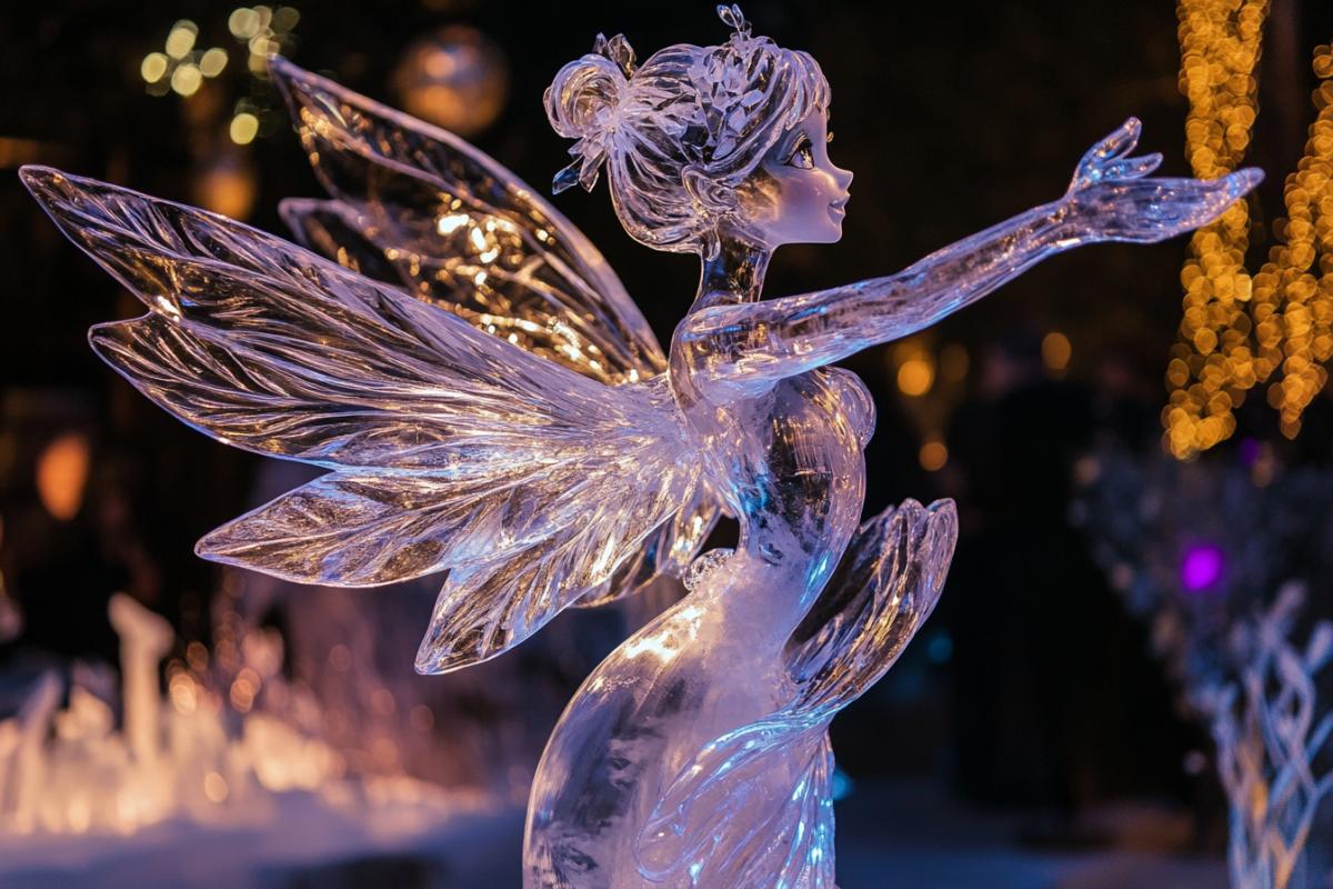 Ice sculpture of a fairy-tale character, beautifully lit, ice shimmers in the light, magical atmosphere