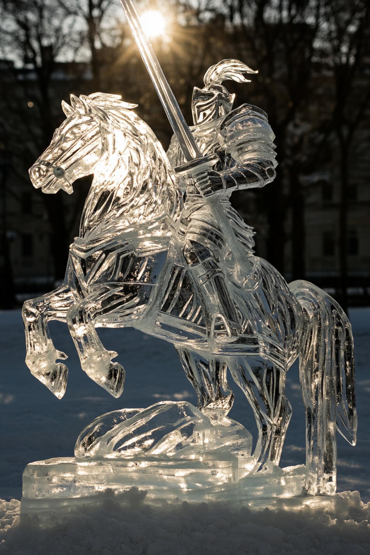 Ice sculpture in the form of a knight on a horse. The knight triumphantly raises his sword to the sky. The suns rays sparkle on the ice sculpture.