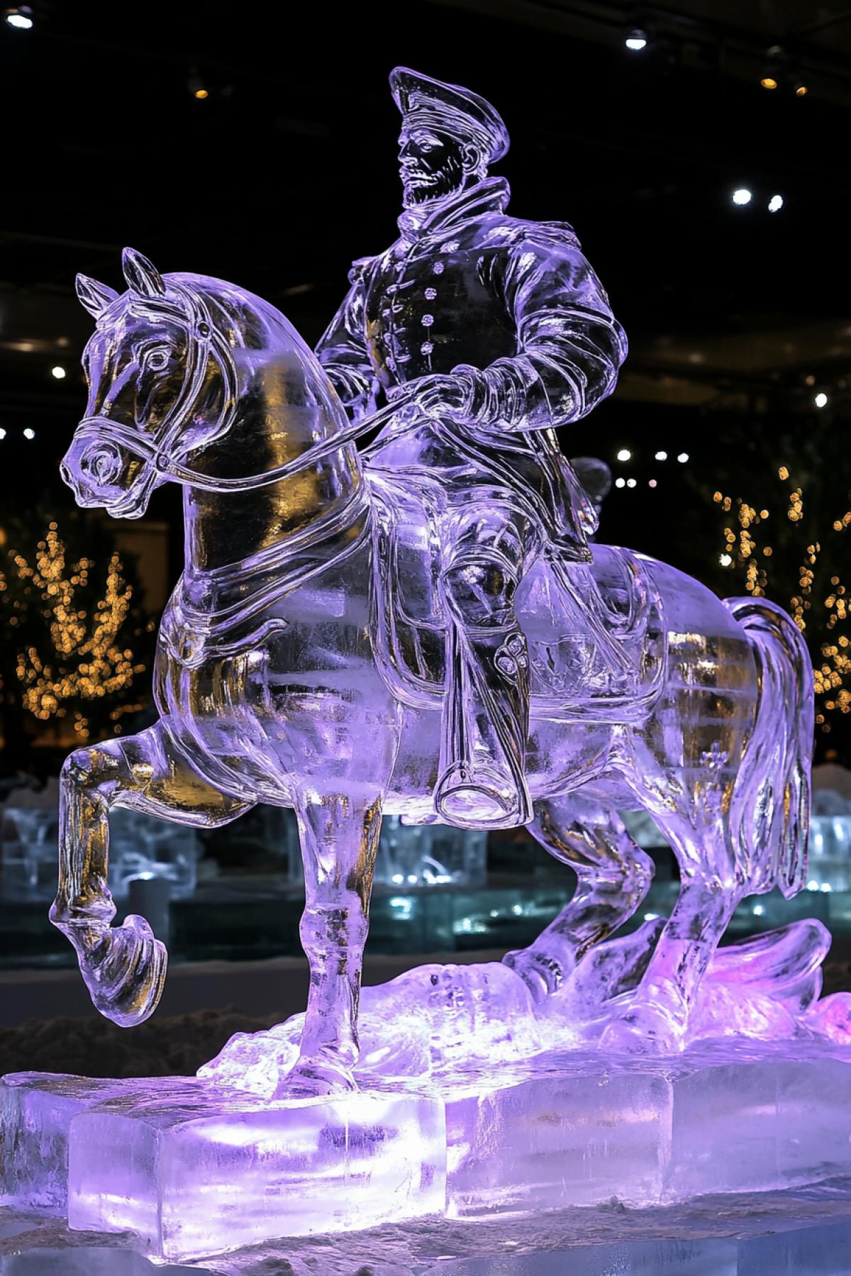 Exhibit at an exhibition of ice sculptures, Peter 1 on a horse, like a monument, beautiful lighting, magical atmosphere