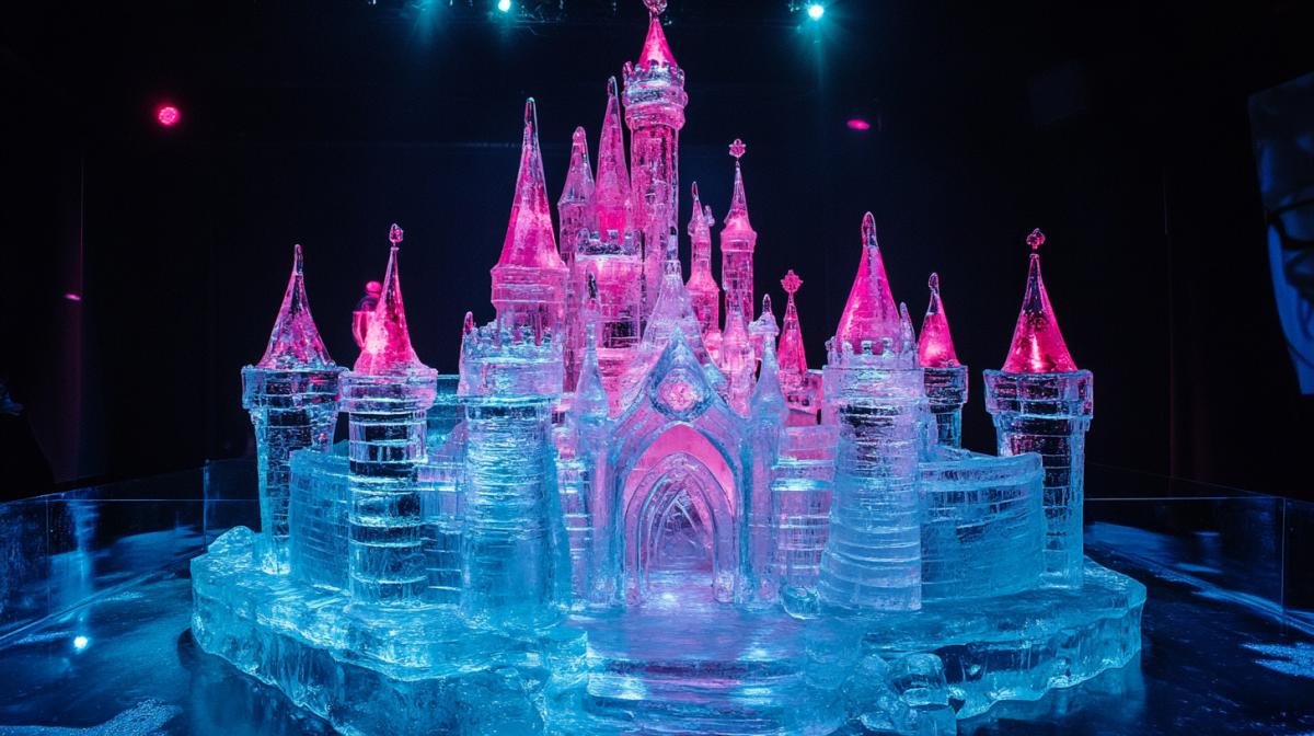 Ice sculpture of a fairytale castle, magical, beautiful lighting
