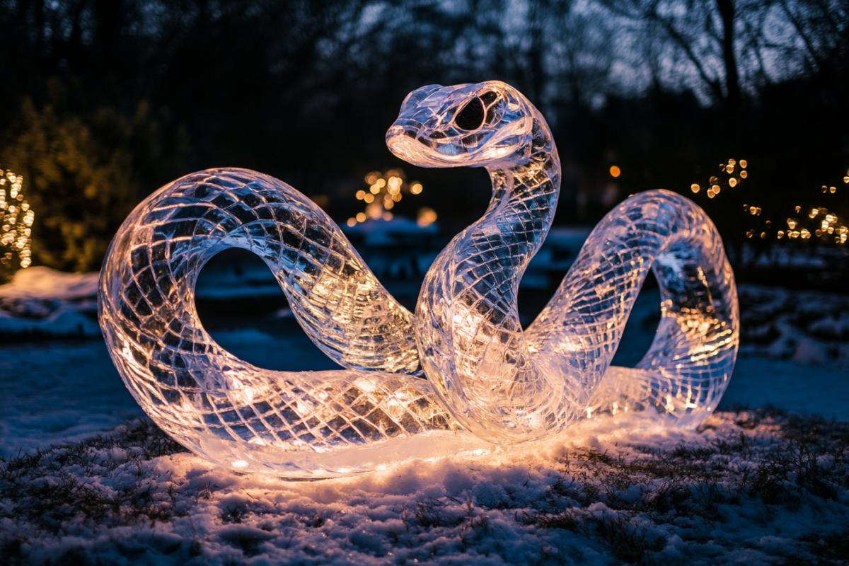 Ice sculpture of a magic snake, exhibit at an outdoor ice sculpture exhibition, winter, magical, beautiful light