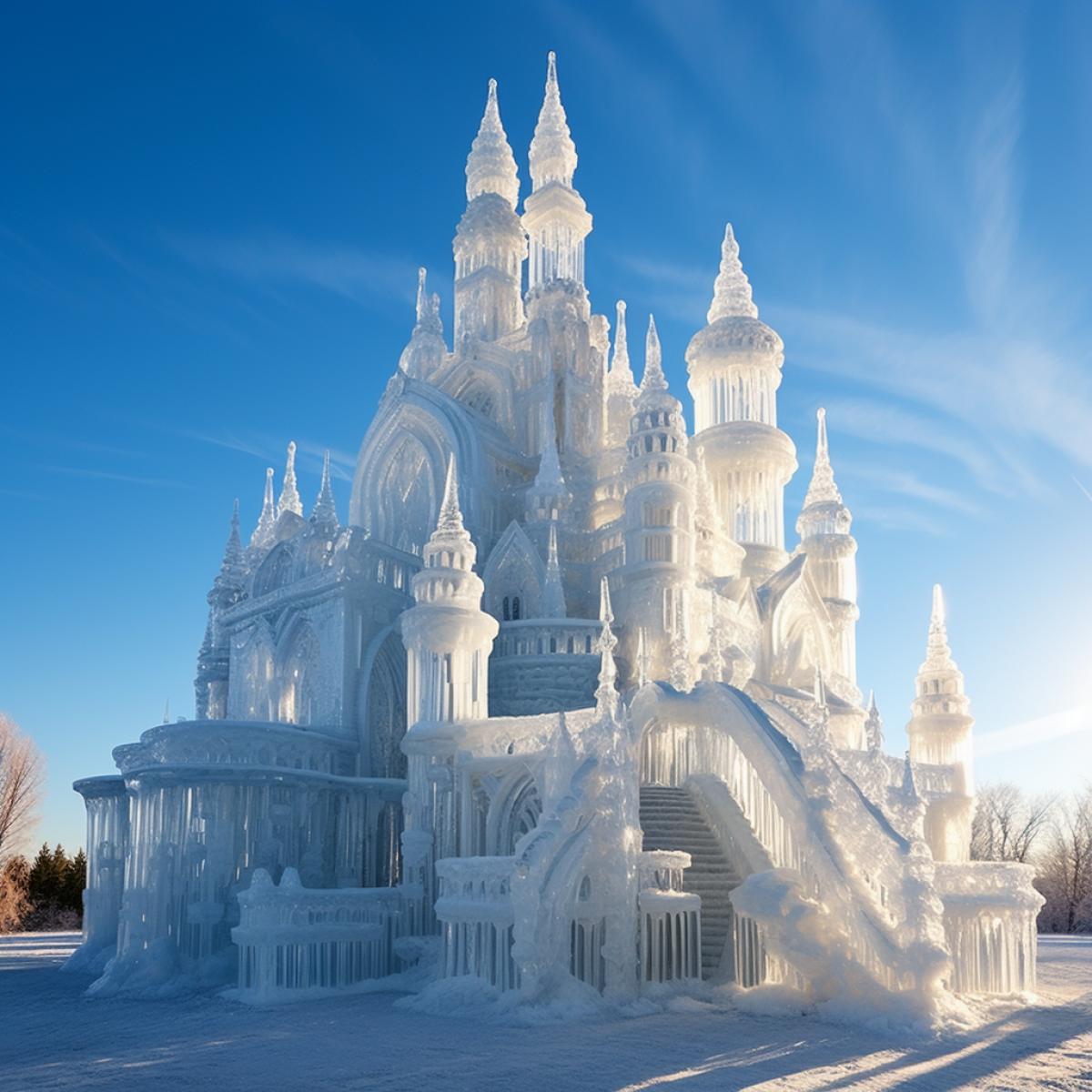 Winter. Sunny weather. A beautiful castle and trees made entirely of ice.