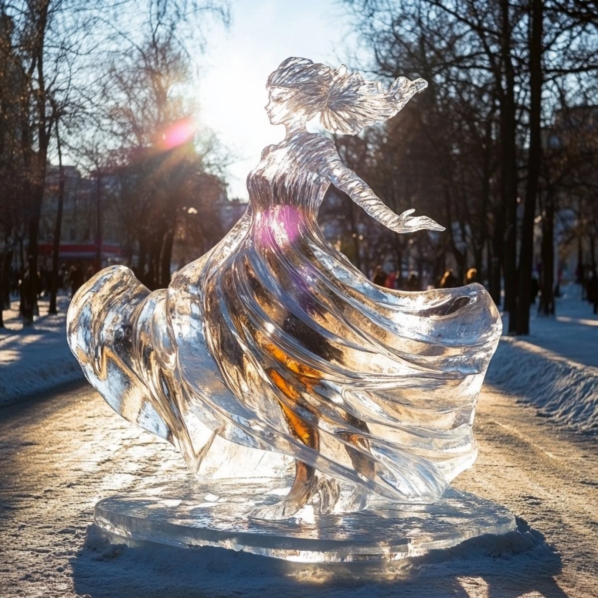A very large sculpture of a beautiful girl made of transparent ice shimmers in the rays of light on the street. Sunny weather, winter. A very beautiful sight