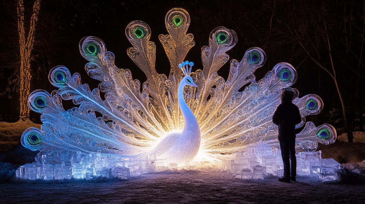 magical ice com4k, ice trees, a figure in the form of a peacock, multi-colored feathers made of ice, backlight, glow, high quality photo, elaborate detail