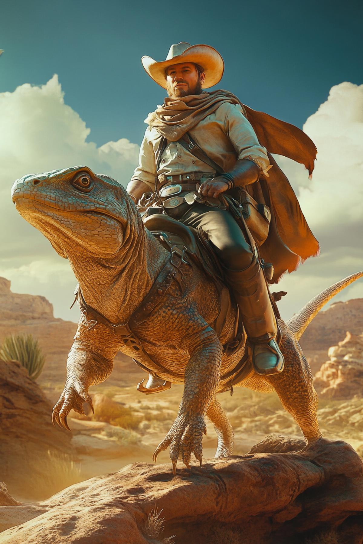 A handsome cowboy guy riding a predatory lizard in the desert