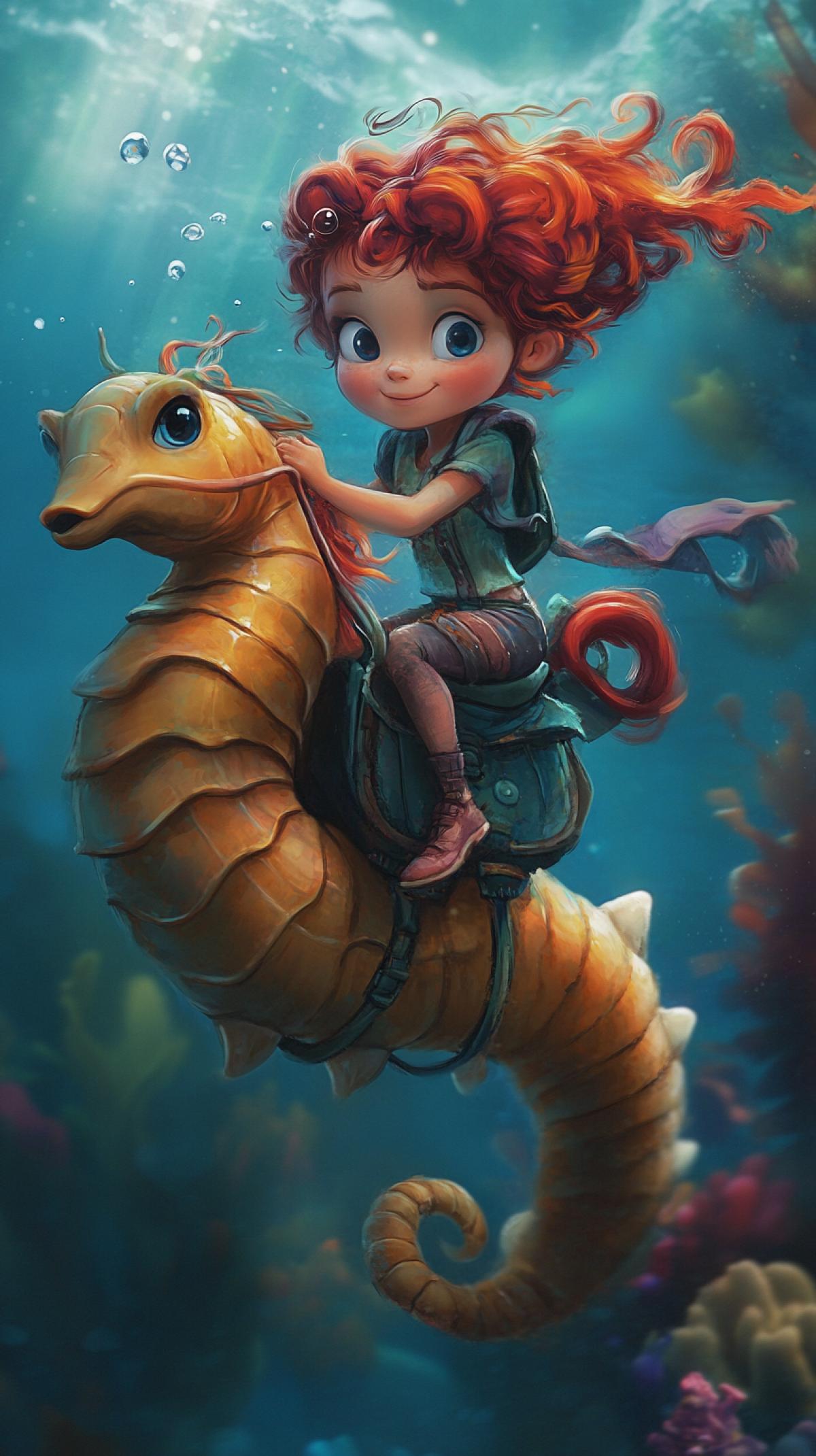 Girl riding a seahorse, cartoon, Disney, Pixar