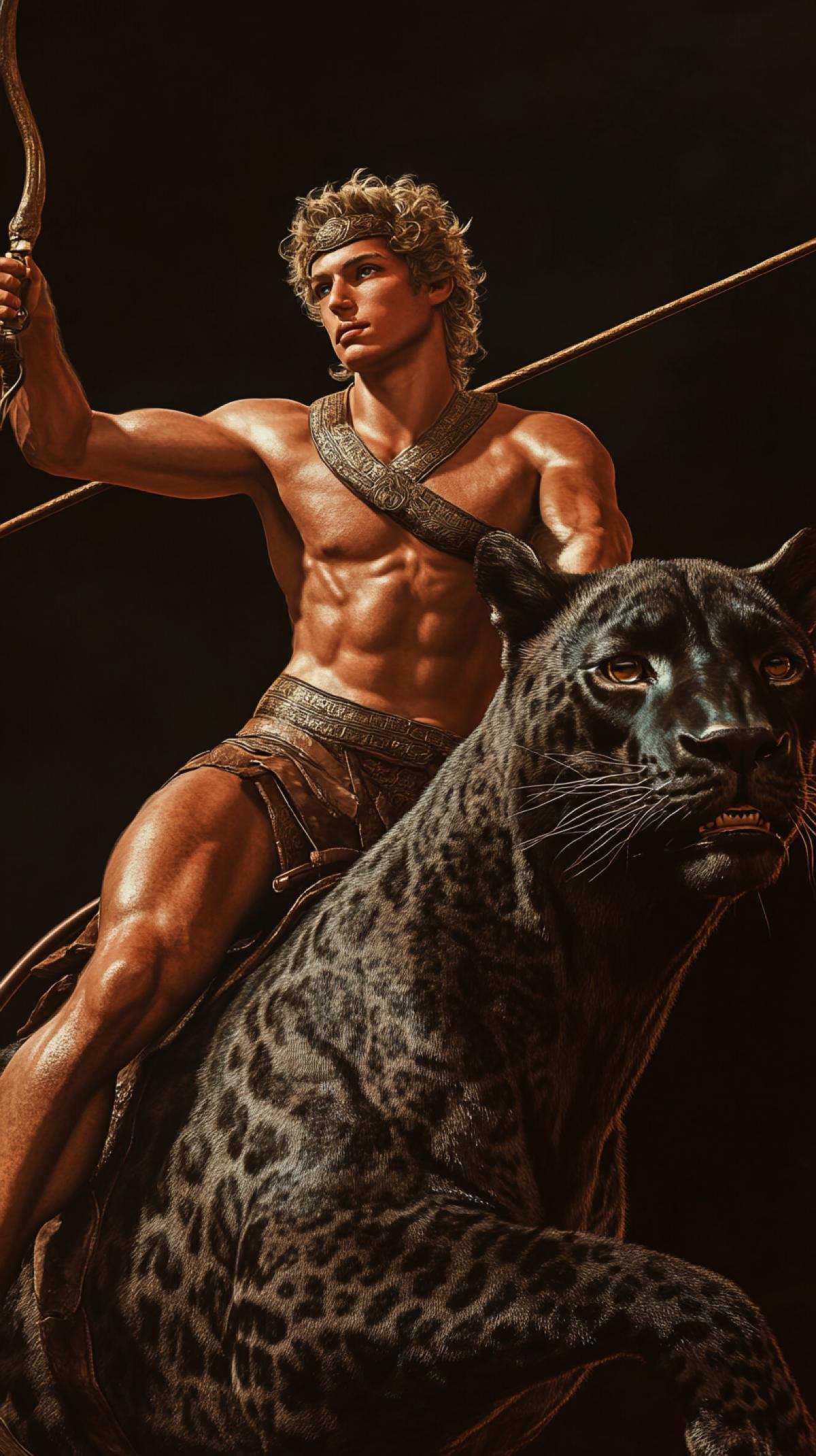 ancient Greek god Dionysus riding a panther, photorealistic