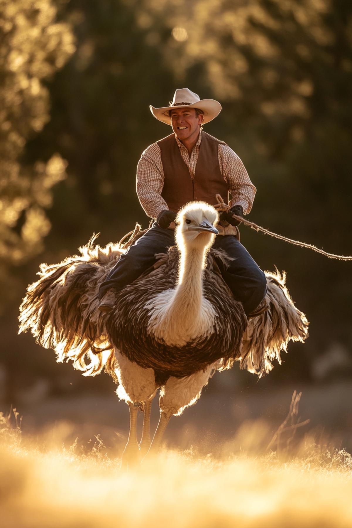 Cowboy on ostrich with lasso