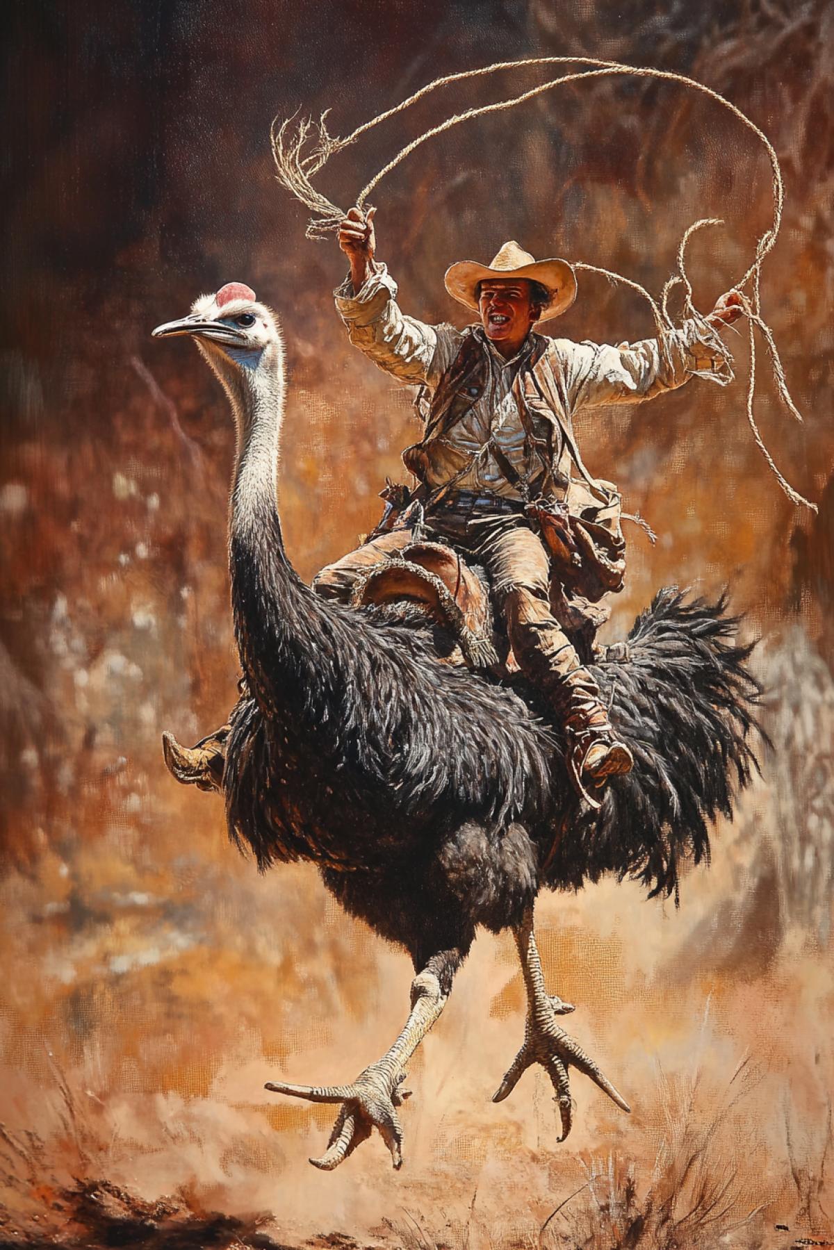 Cowboy on ostrich with lasso
