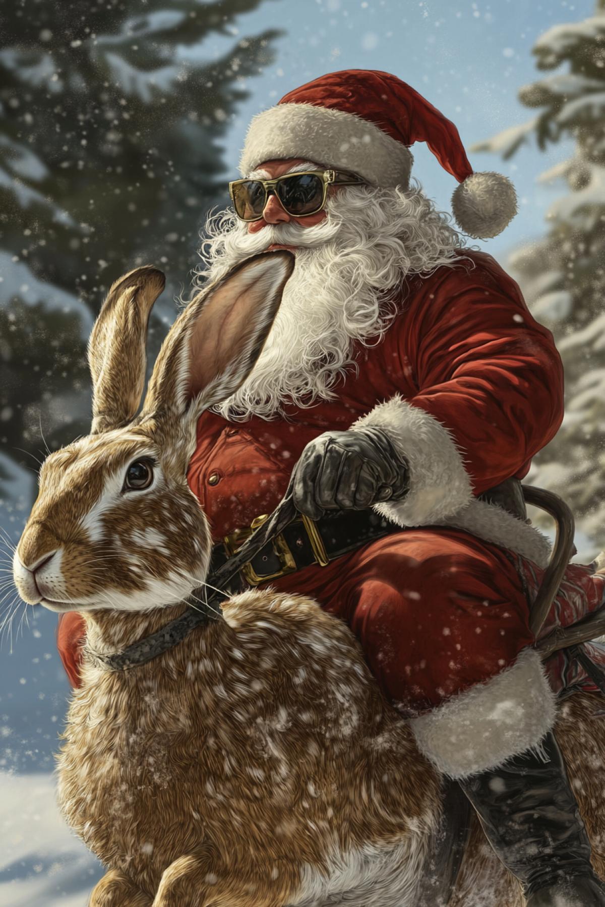 Santa Claus riding a hare photorealistic