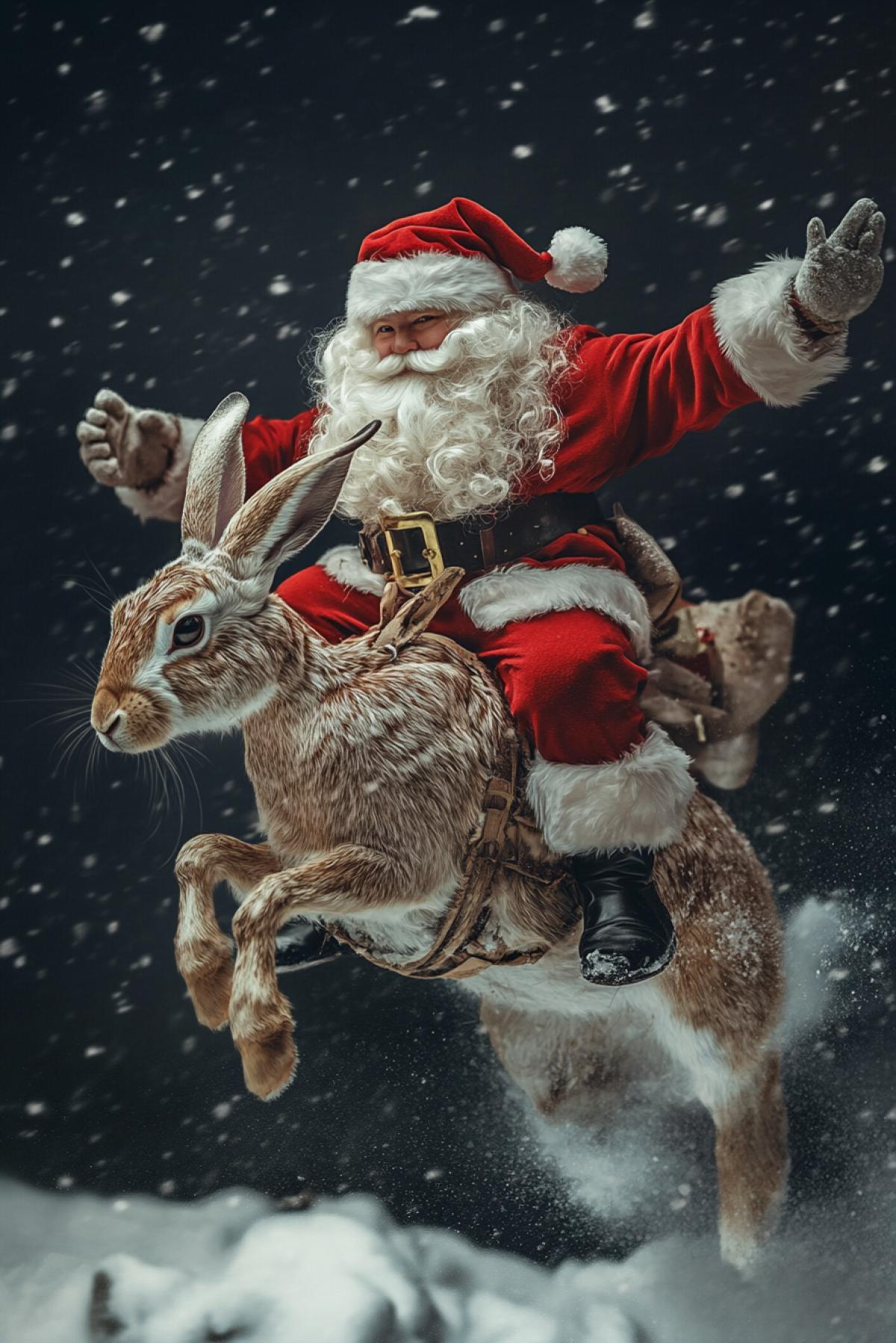 Santa Claus riding a hare photorealistic