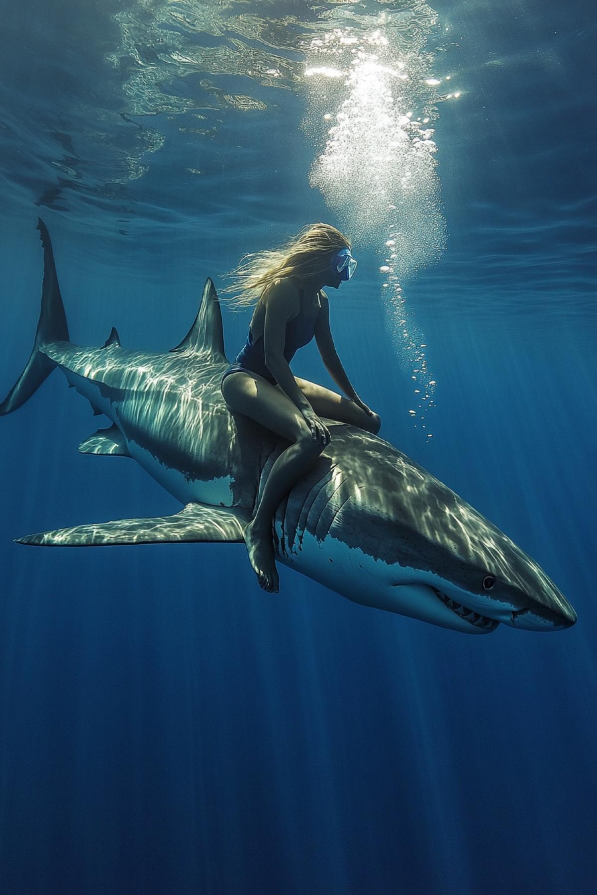 Girl diver rides on a white shark underwater