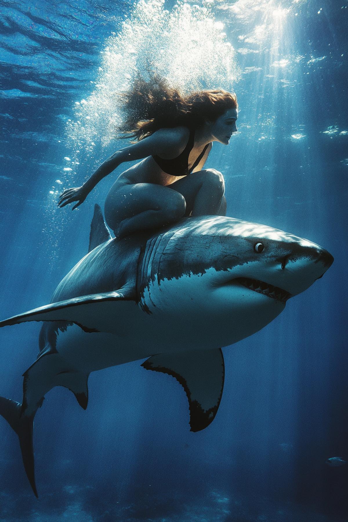 Girl diver rides on a white shark underwater