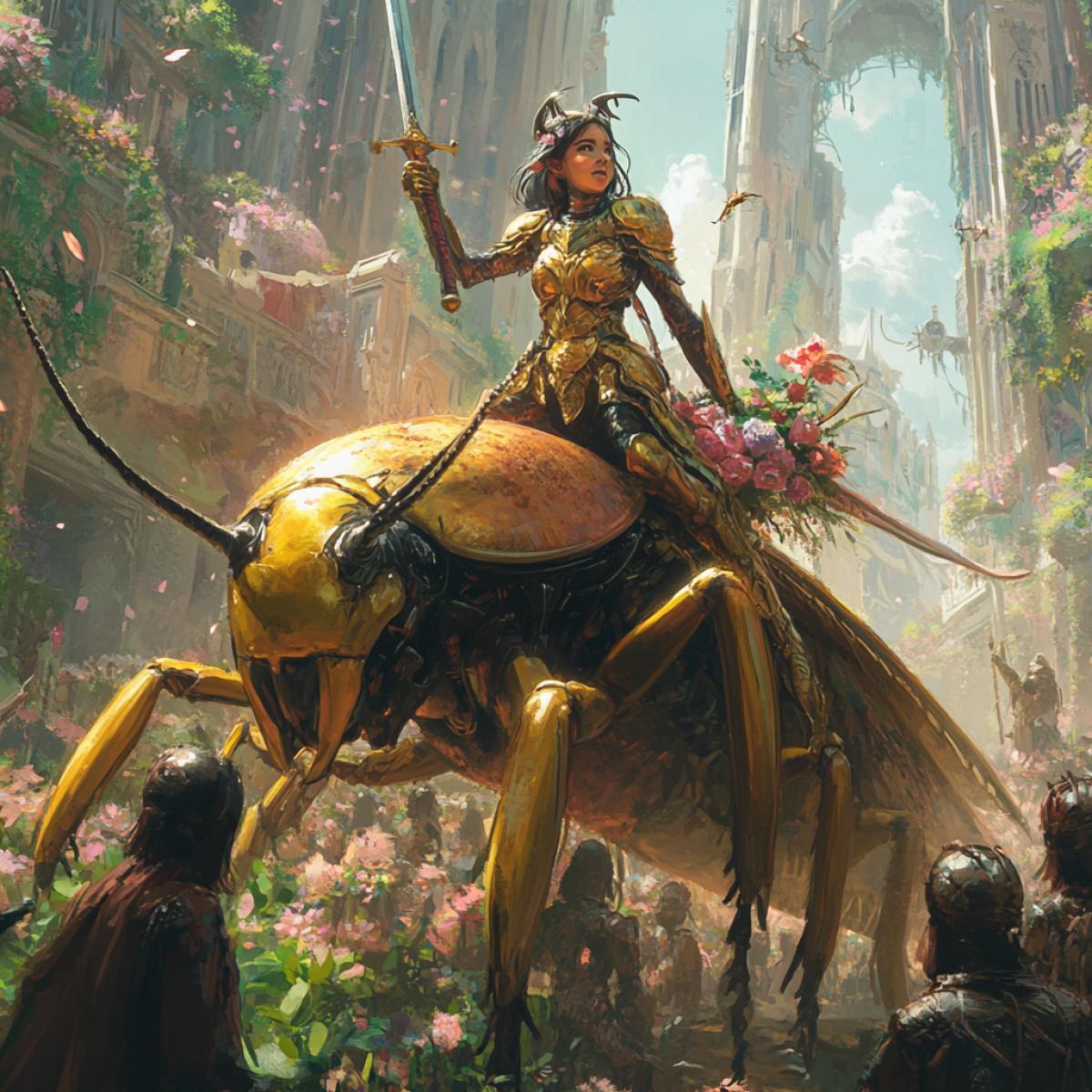 A girl with a sword and in golden armor rides on a big cockroach, many people around her greet her with flowers. big plants grow nearby