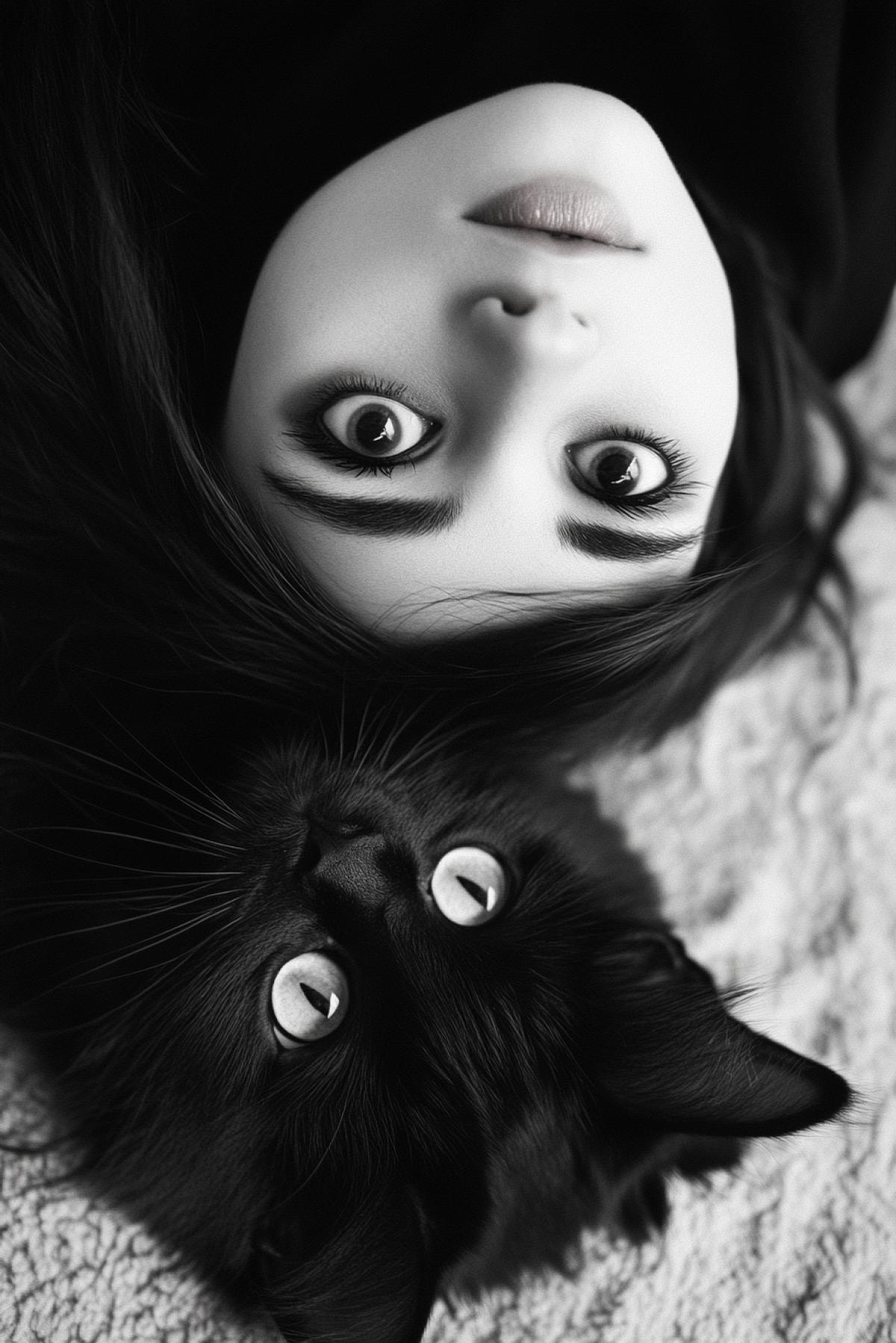 Selfie photo with a cat. The girl is buried in the goth, eyes are visible from under the fur