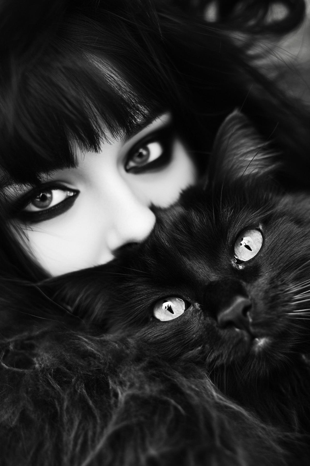 Selfie photo with a cat. The girl is buried in the goth, eyes are visible from under the fur