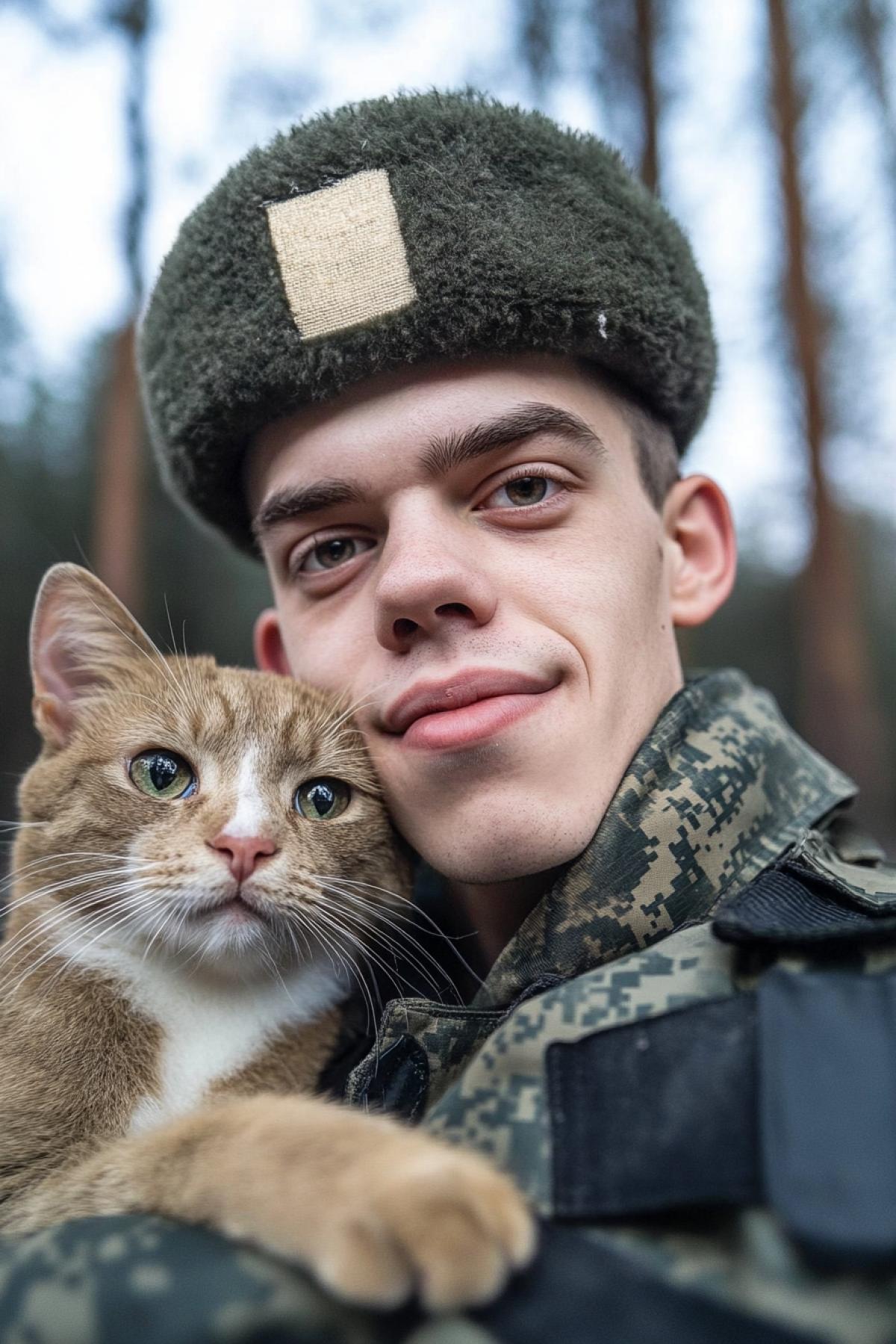 A selfie in which a soldier is holding a frightened cat by the scruff.