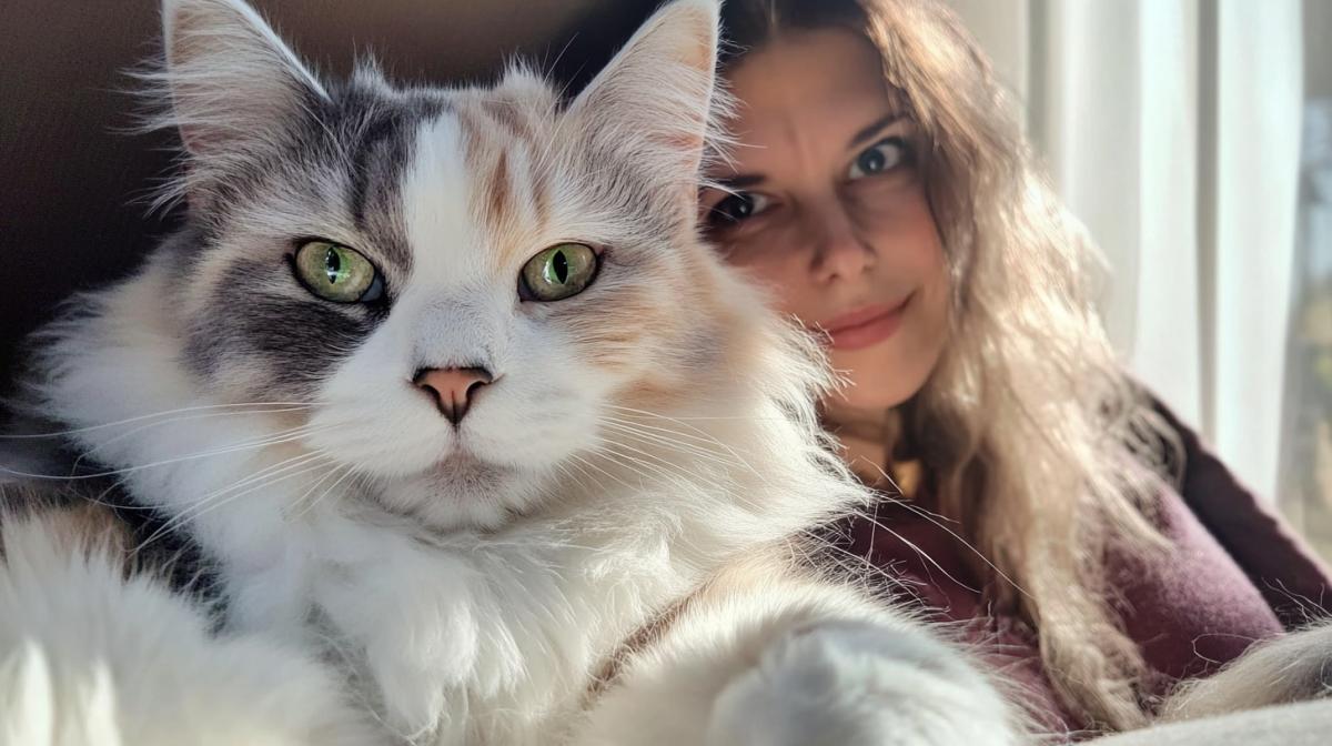 big MaineCoon cat takes a selfie with a woman. The cat is bigger than the woman