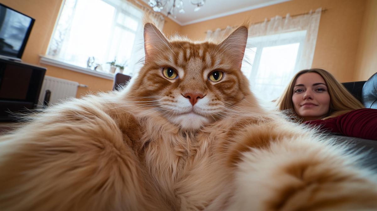 A large red MaineCoon cat takes a selfie with a woman. The cat is bigger than the woman