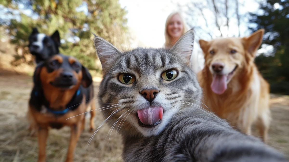 a gray tabby cat takes a selfie, shows a pink tongue, behind him are dogs and a blonde girl