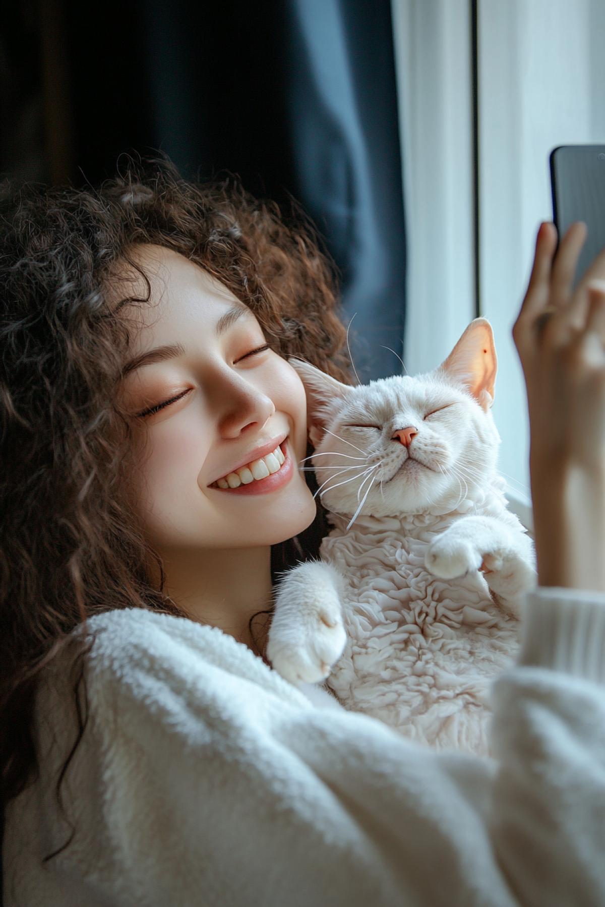 The girl is taking a selfie with her shaved cat.