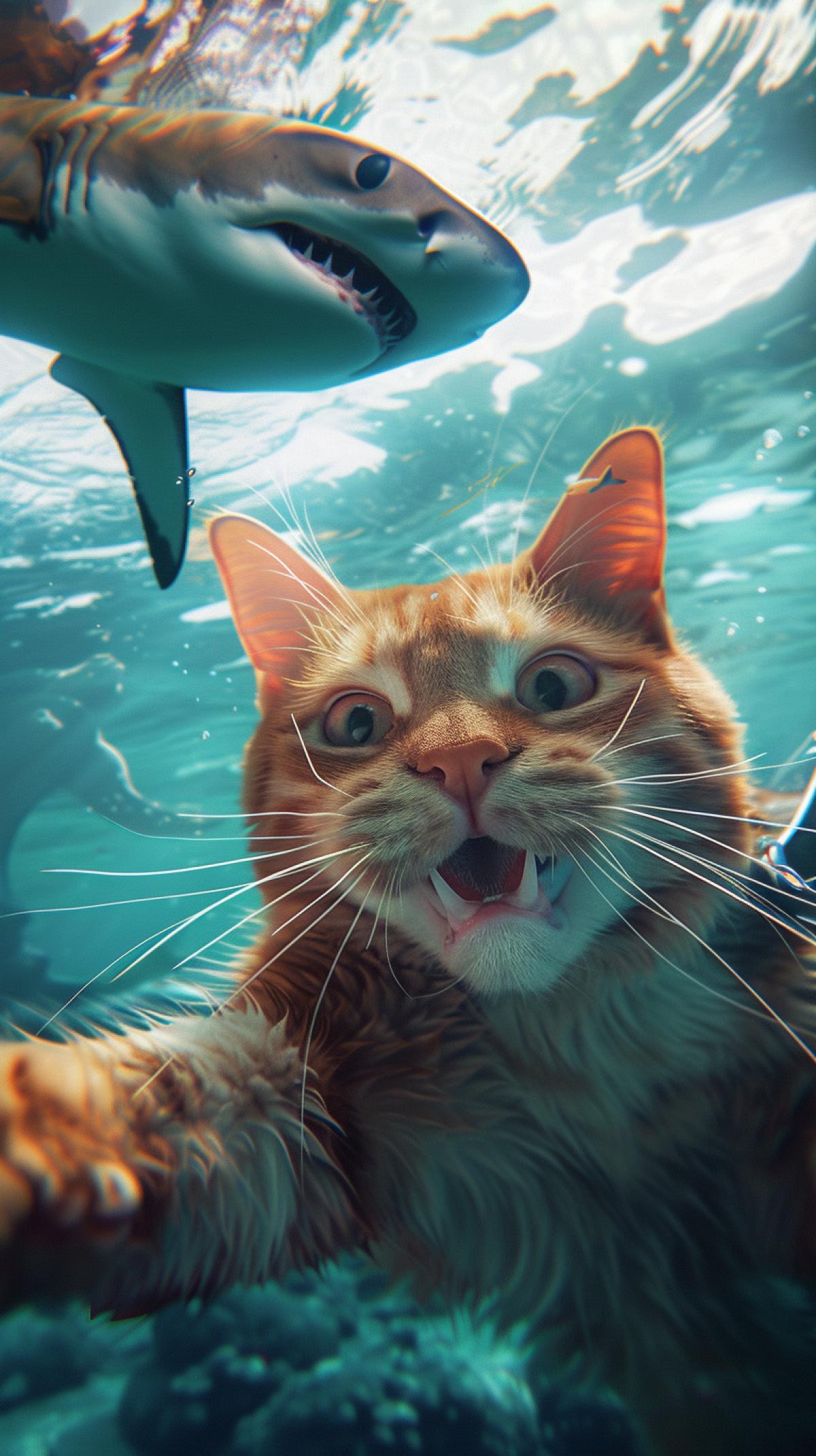 a cat taking a selfie at a top-down 45-degree side by side with a shark under the water, they are both looking into the camera, hyper realisim, realistic, v 6.0 style raw s 50 ar 9:16