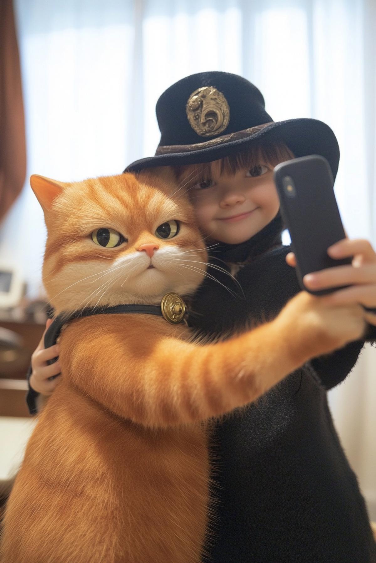 The child is taking a selfie with their idol cat in Boots. The child met cat in Boots and is taking a selfie in front of him. The child is very happy.