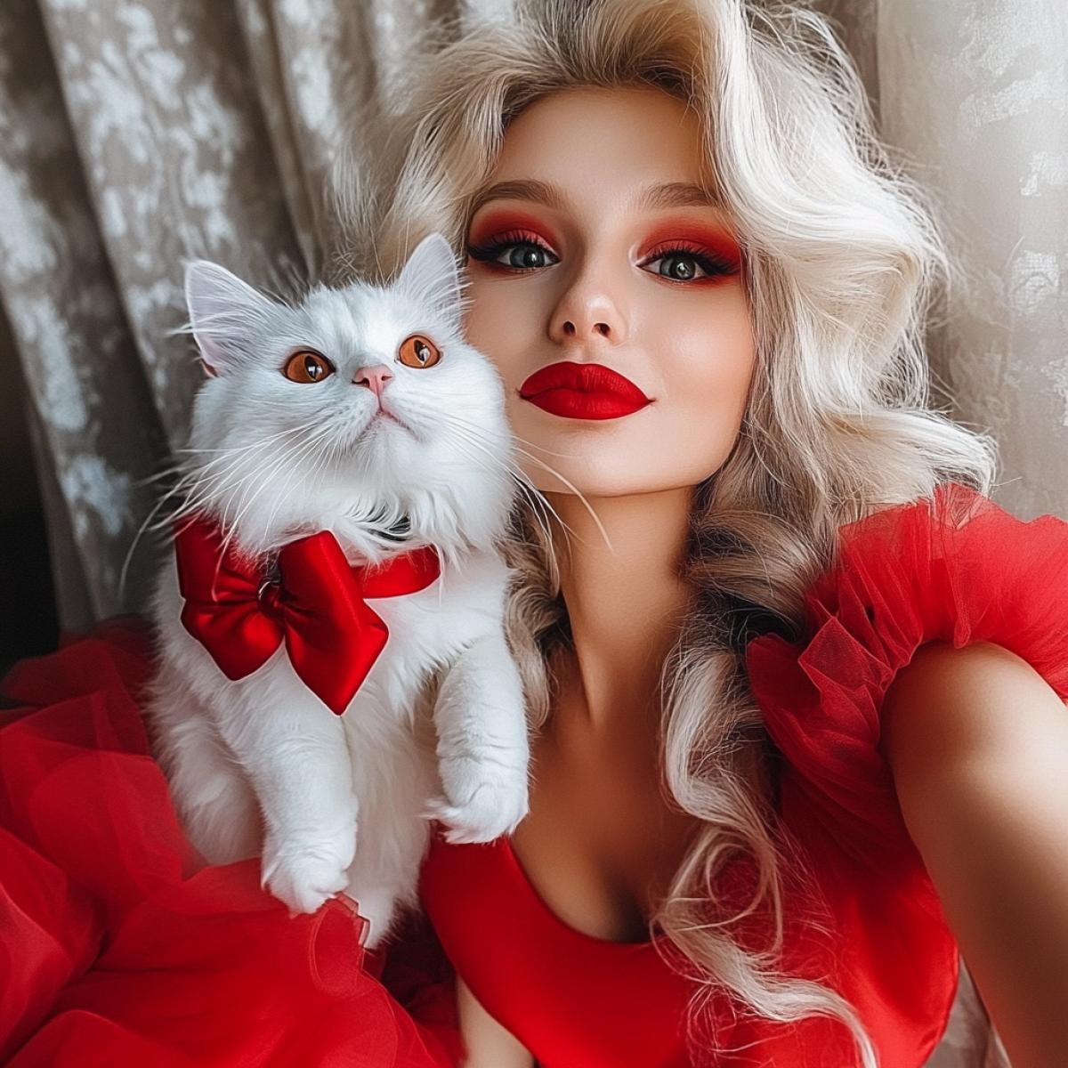 A beautiful blonde girl in a beautiful red dress, red heels and painted lips makes a selfie with a white cat with a red bow