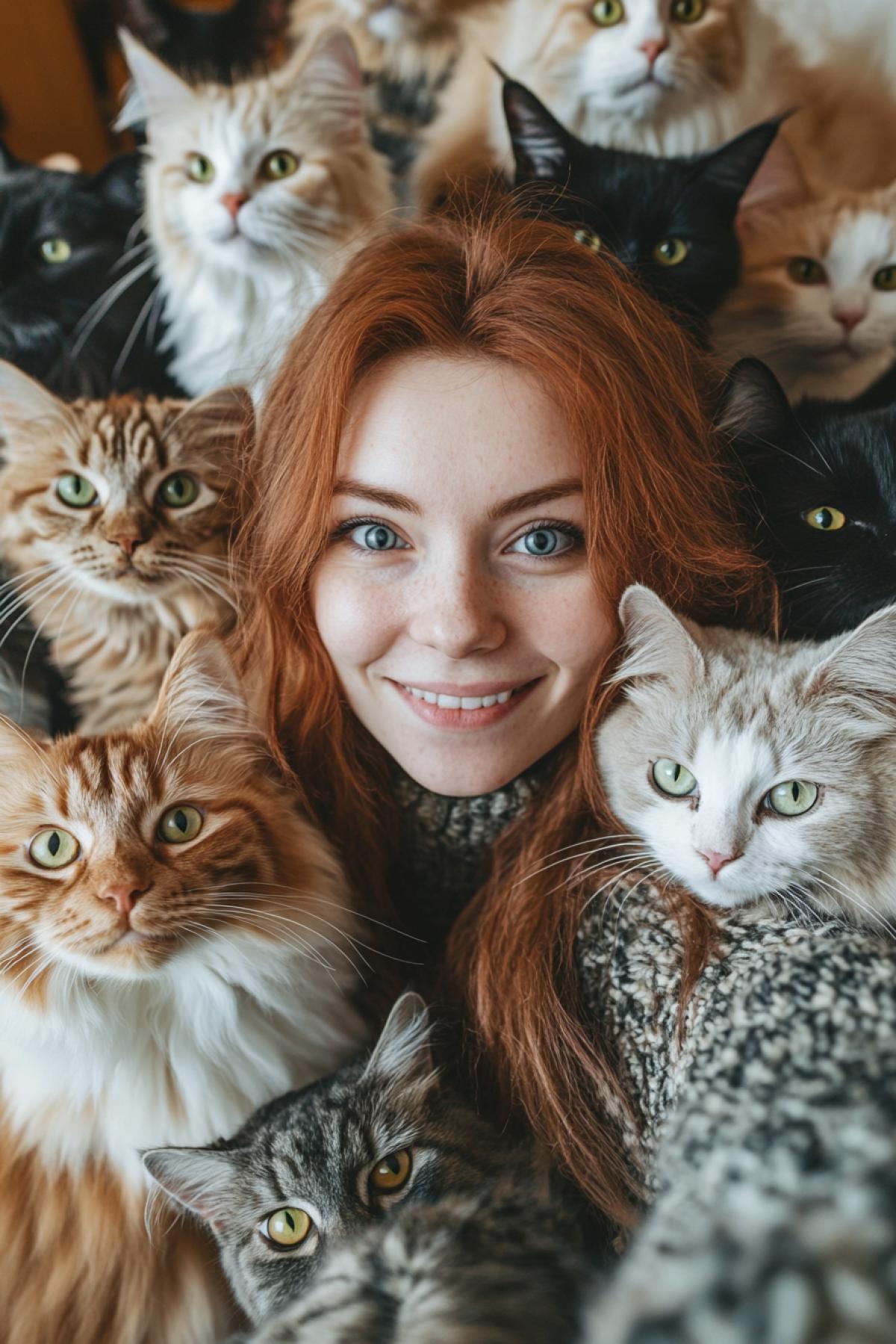 The selfie was taken on the sixteenth iPhone. Natasha and her forty cats.