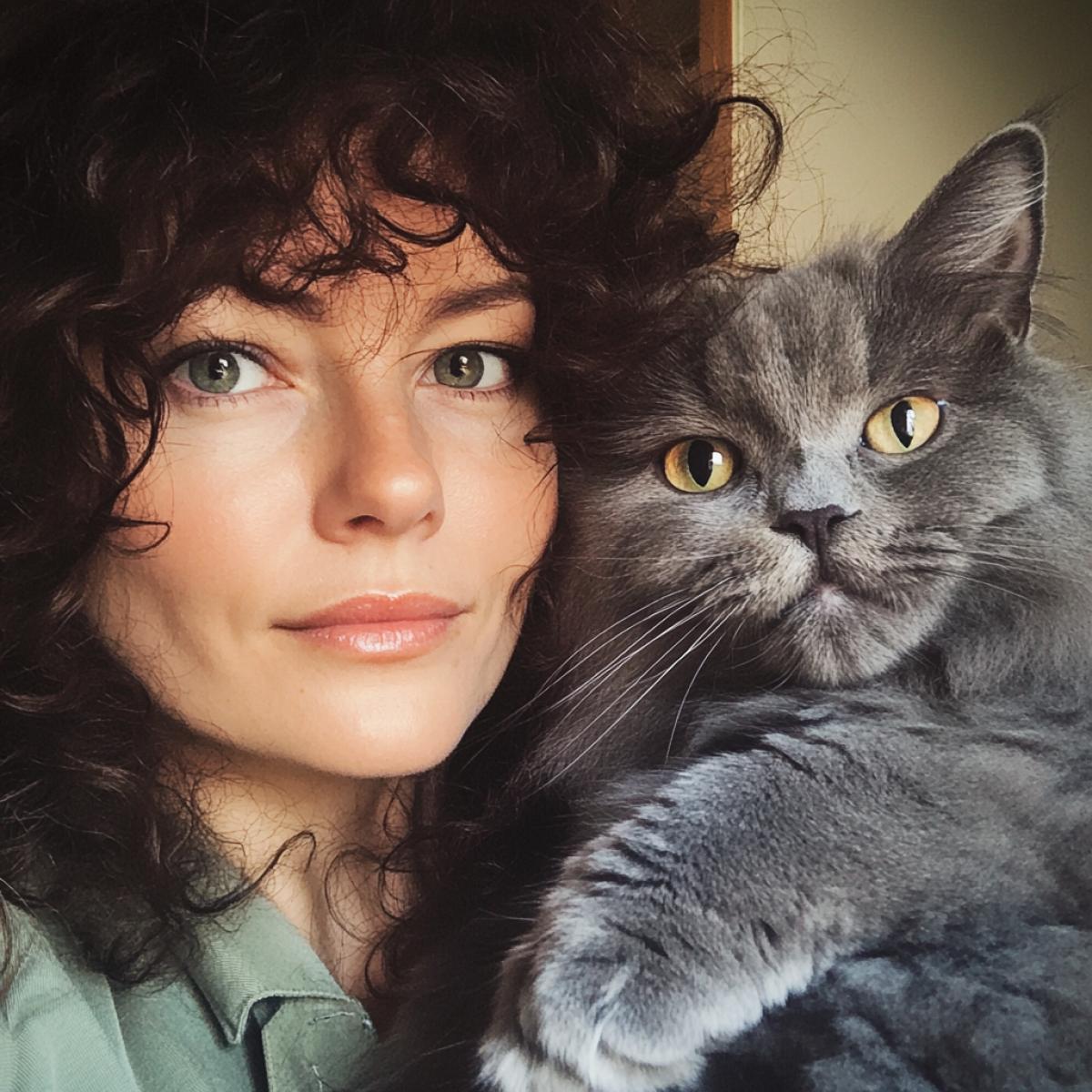 photo selfie of a cat and a curly woman from the 80s
