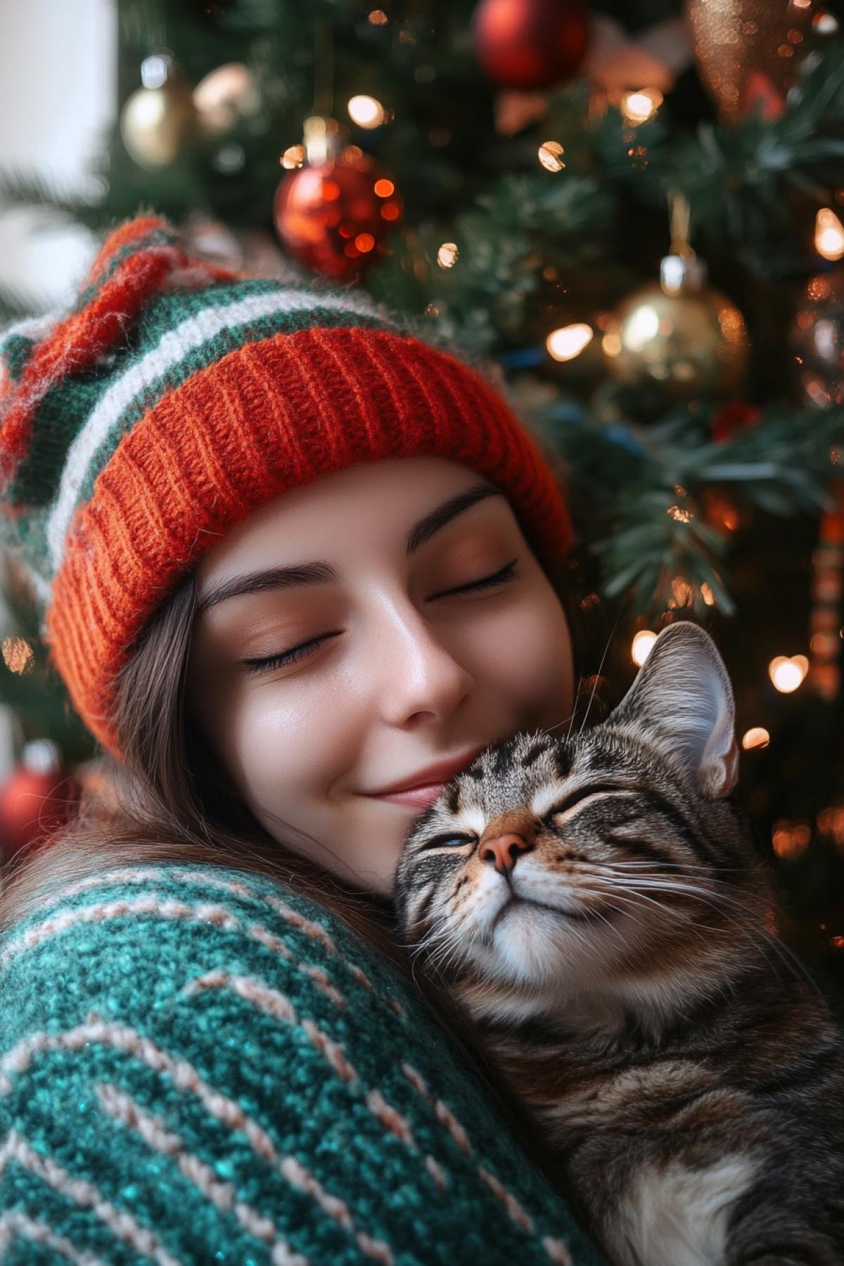Selfie of a girl with a cat in New Years style, wearing New Years caps against the background of a decorated Christmas tree.