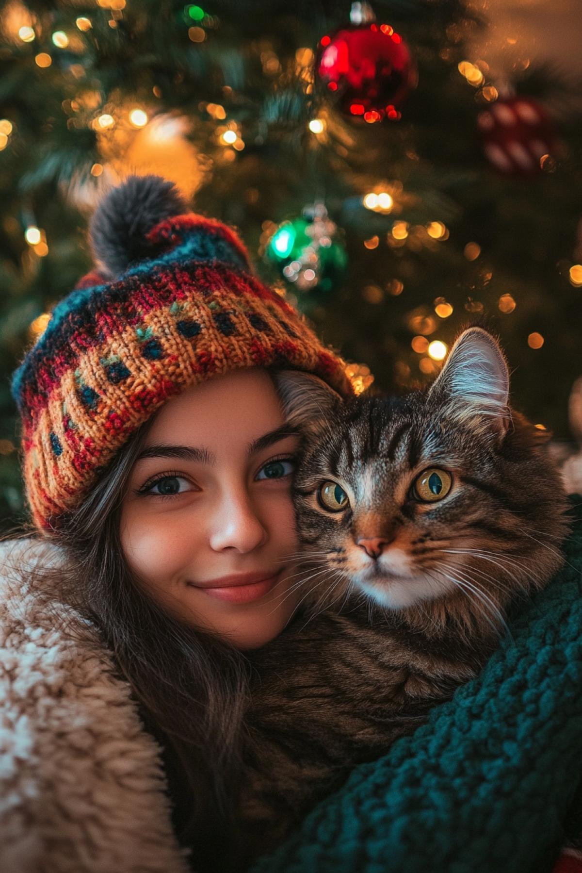 Selfie of a girl with a cat in New Years style, wearing New Years caps against the background of a decorated Christmas tree.