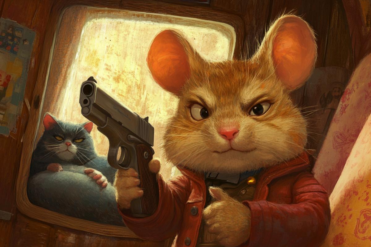 A mouse with a gun proudly takes a selfie, with a sleeping angry cat in the background