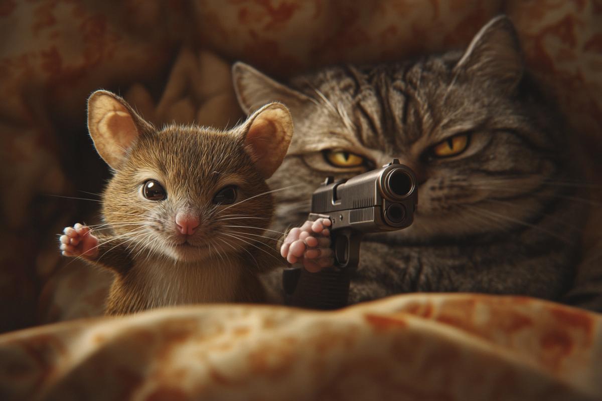 A mouse with a gun proudly takes a selfie, with a sleeping angry cat in the background