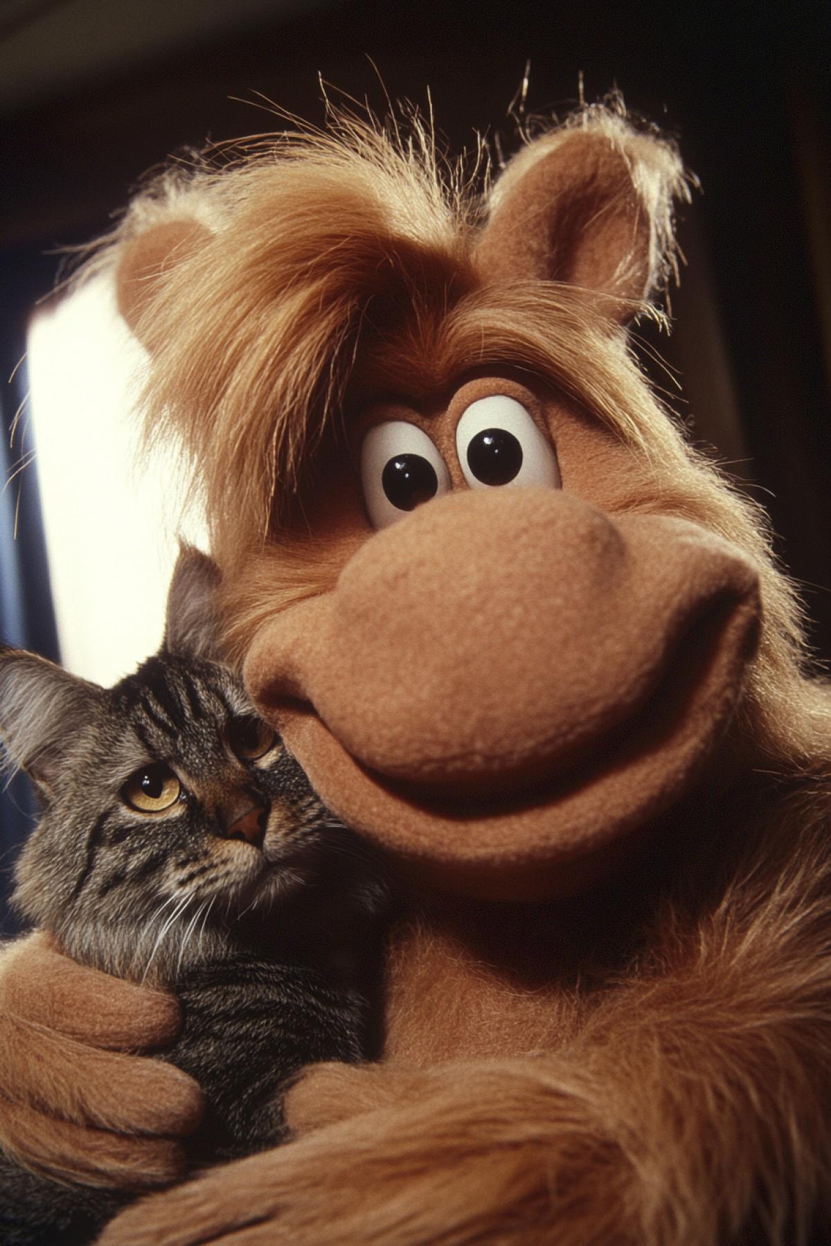 Satisfied Alf from the TV series Alf takes a gorgeous selfie with a cat.