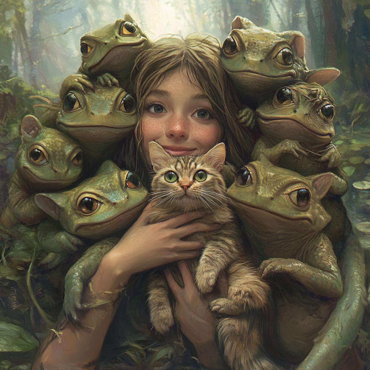 Selfie where the beautiful swamp creatures are with a cute cat in their arms
