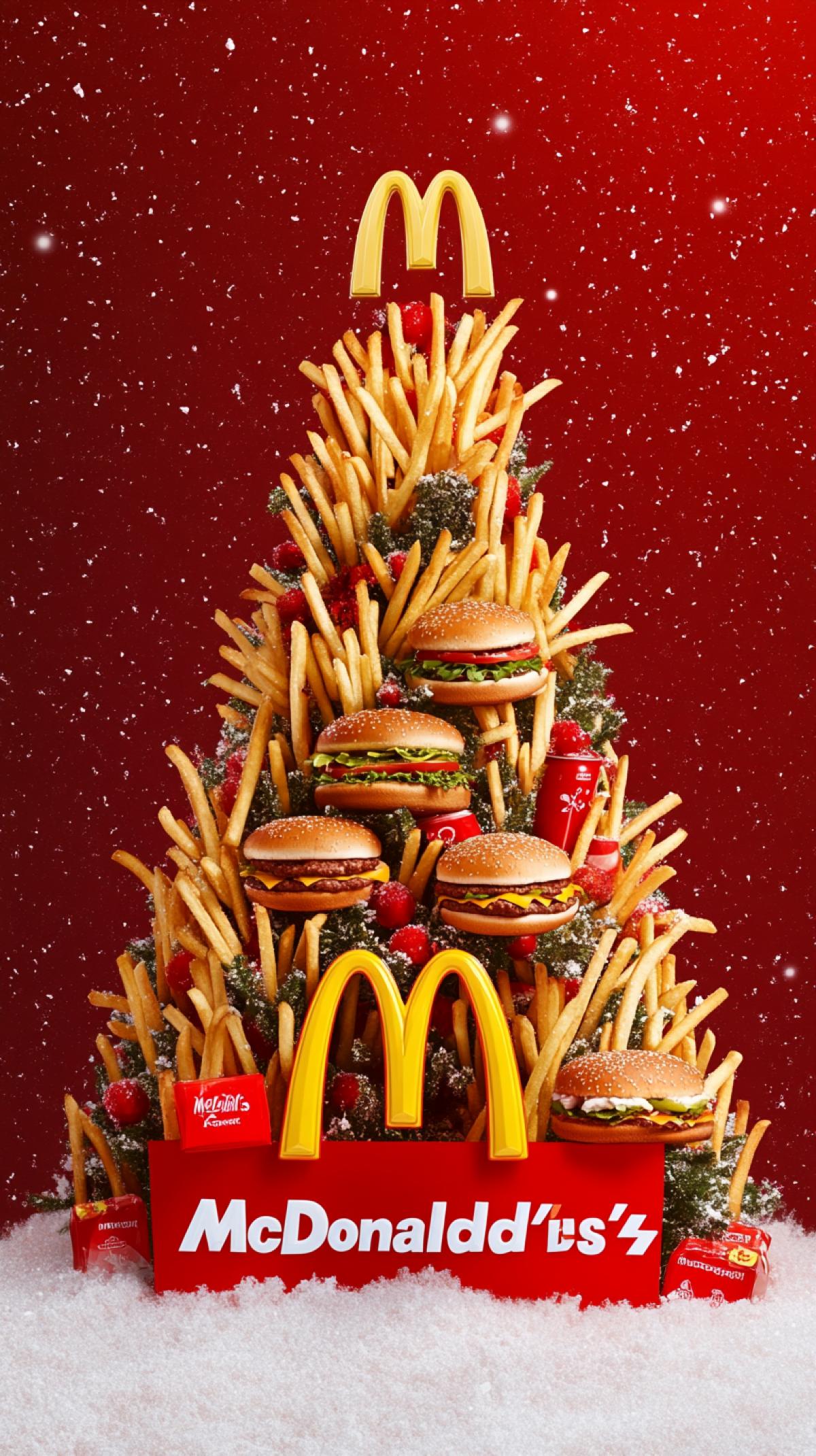 Christmas tree completely decorated with French fries and hamburgers and Coca-Cola, big text \"McDonald’s\", clear minimalistic background v 6.0 style raw