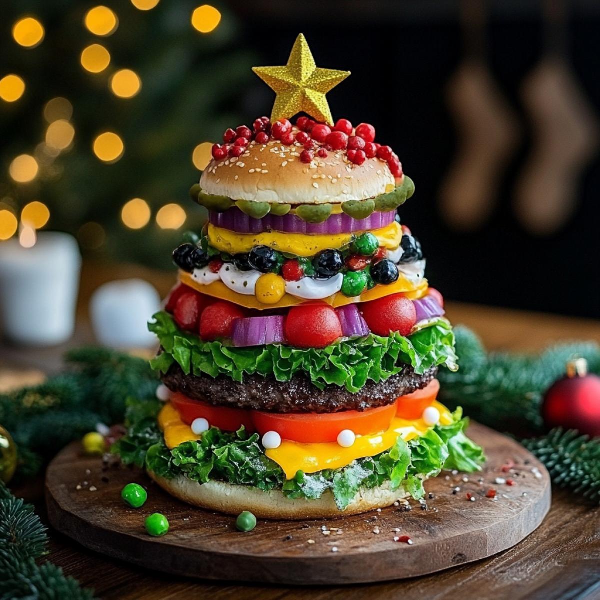 big colorful and juicy hamburger in the shape of a Christmas tree