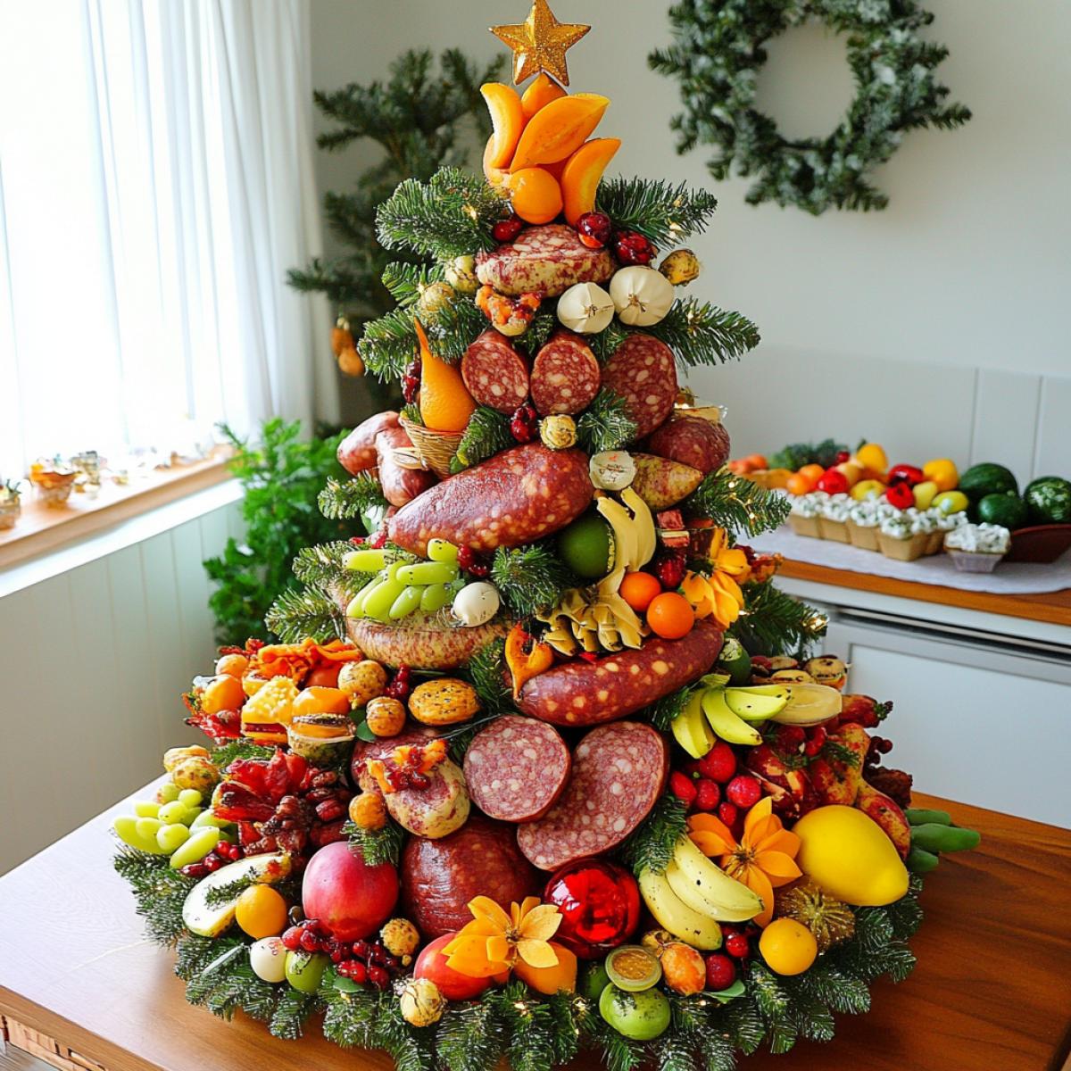 Make a beautiful Christmas tree decorated with food from all food products: sausage, fruits, vegetables, sweets
